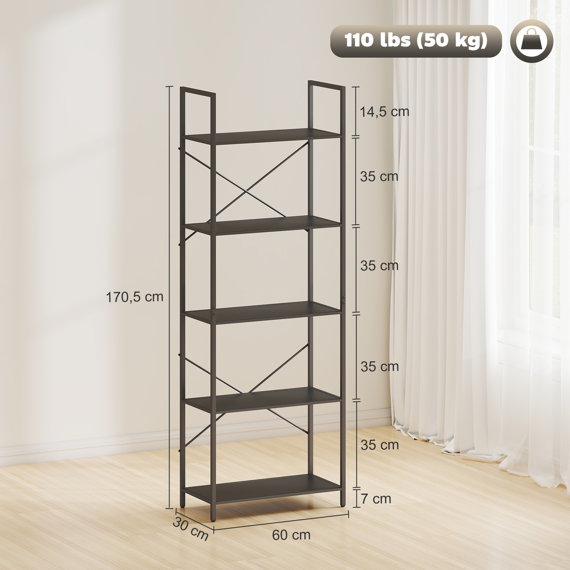 Bücherregal, Standregal mit 5 Ebenen, Industrielles Büroregal mit Metallrahmen, offenes Aufbewahrungsregal für Wohnzimmer, Büro, Arbeitszimmer, 60x30x170,5 cm, Schwarz