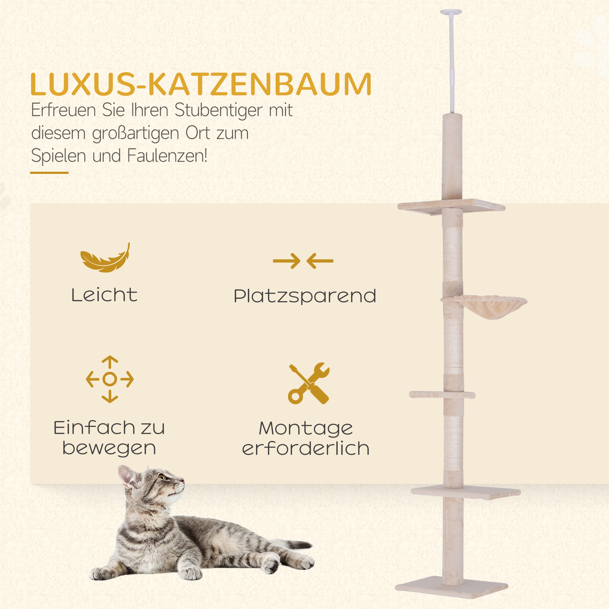 Kratzbaum Deckenhoch höhenverstellbar, stabiler Katzenbaum mit Sisalsäulen, Katzen Kletterbaum, Beige, 40 x 34 x 230-260 cm