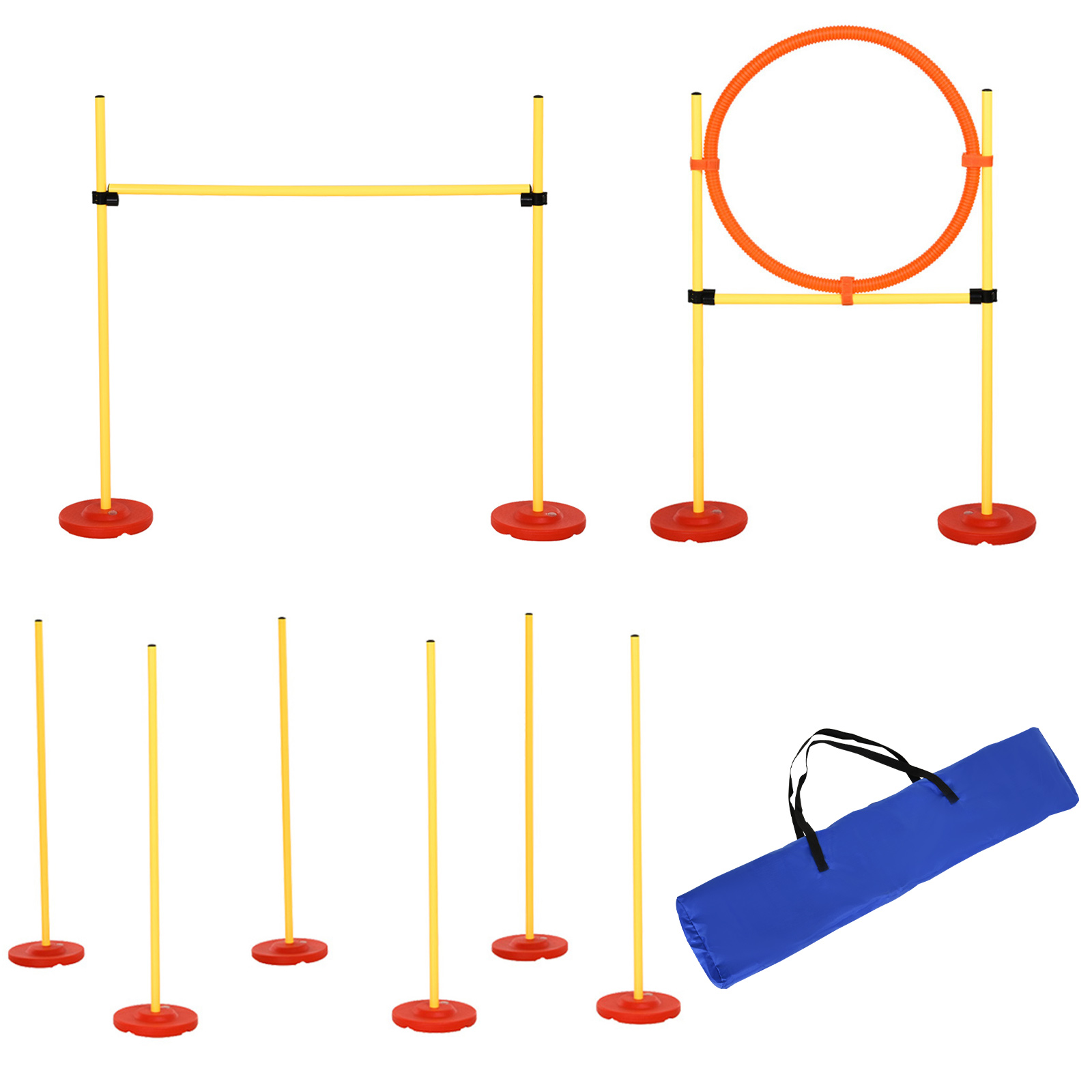 Agility Set Hunde 3-teiliges Agility-Ausrüstung für Hundetraining Steckhürdenset mit 6 Slalomstangen höhenverstellbar Hürden Sprungreifen Tragetasche Agilityset für Spiele Training
