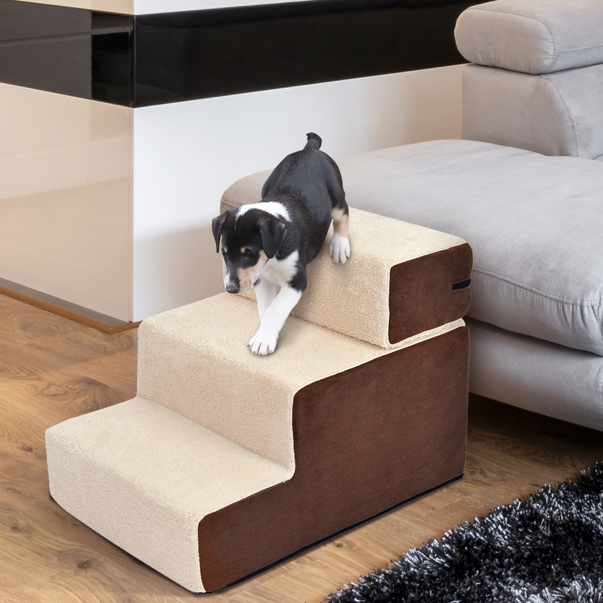 Haustiertreppe Hundetreppe Katzentreppe 3 Stufen für Katzen und Hunde Plüsch Beige 54 x 40 x 39cm