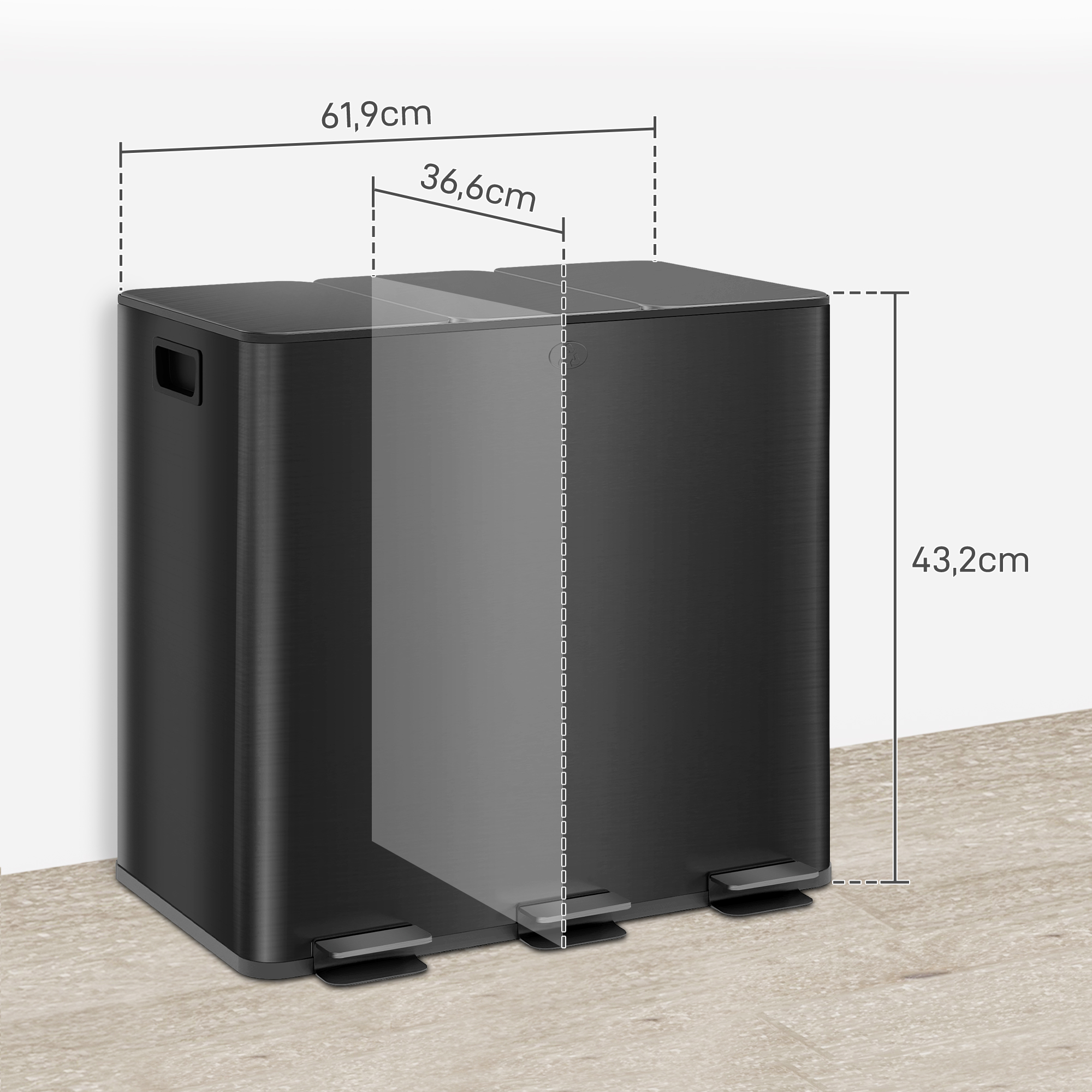 Mülleimer mit 3 x 15L Fächern, Deodorant-Deckel, fingerabdrucksicher, Soft-Close, herausnehmbar, Schwarz