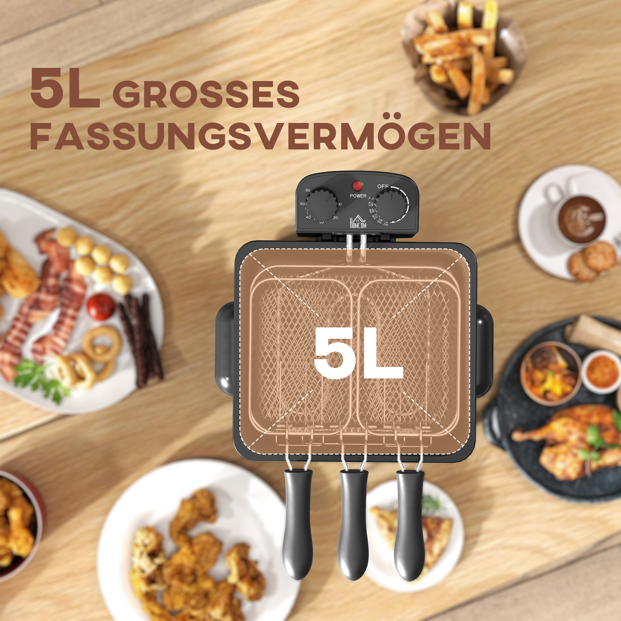 Fritteuse, 5 L Ölkapazität, Timer, Sichtfenster, 2000W Leistung, Silberfarben