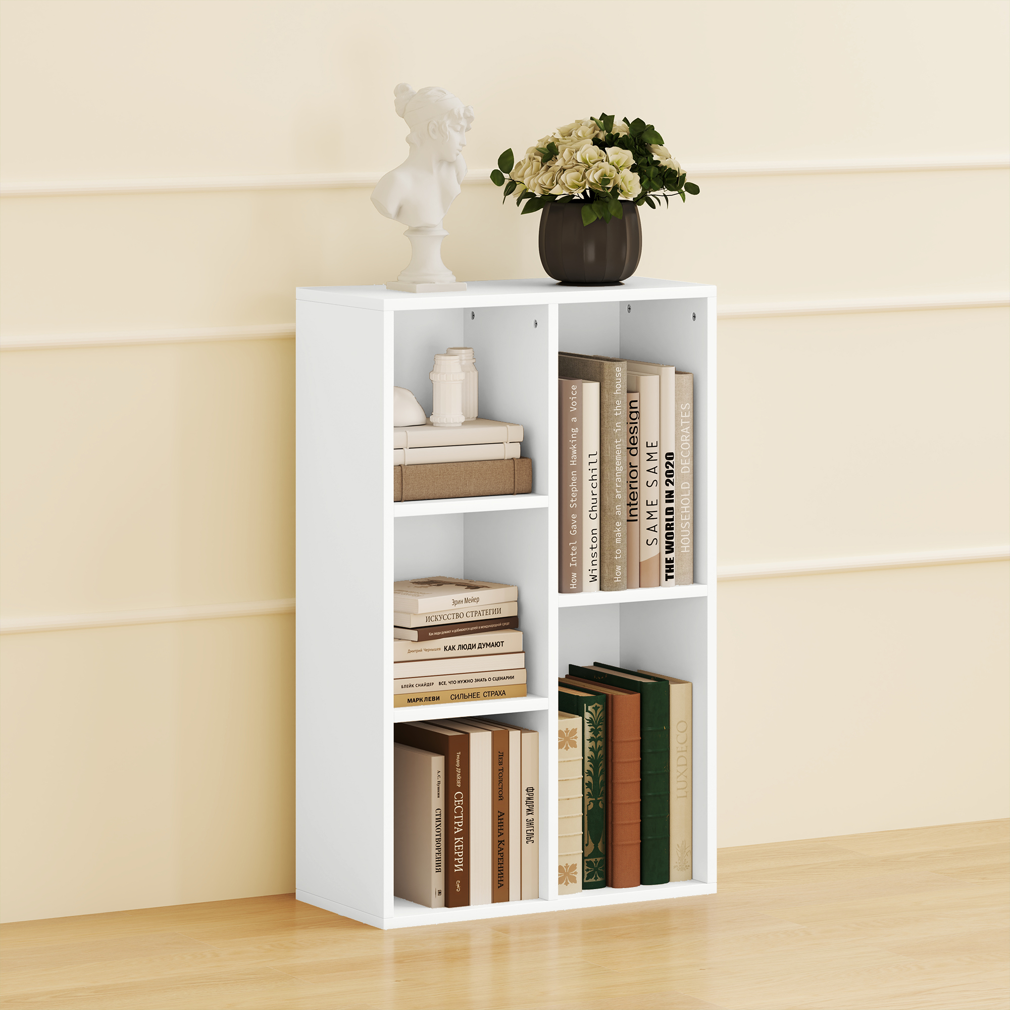 2-Ebenen-Bücherregal, 5 Fächer, Spanplatte, Aufbewahrungsregal, Weiß