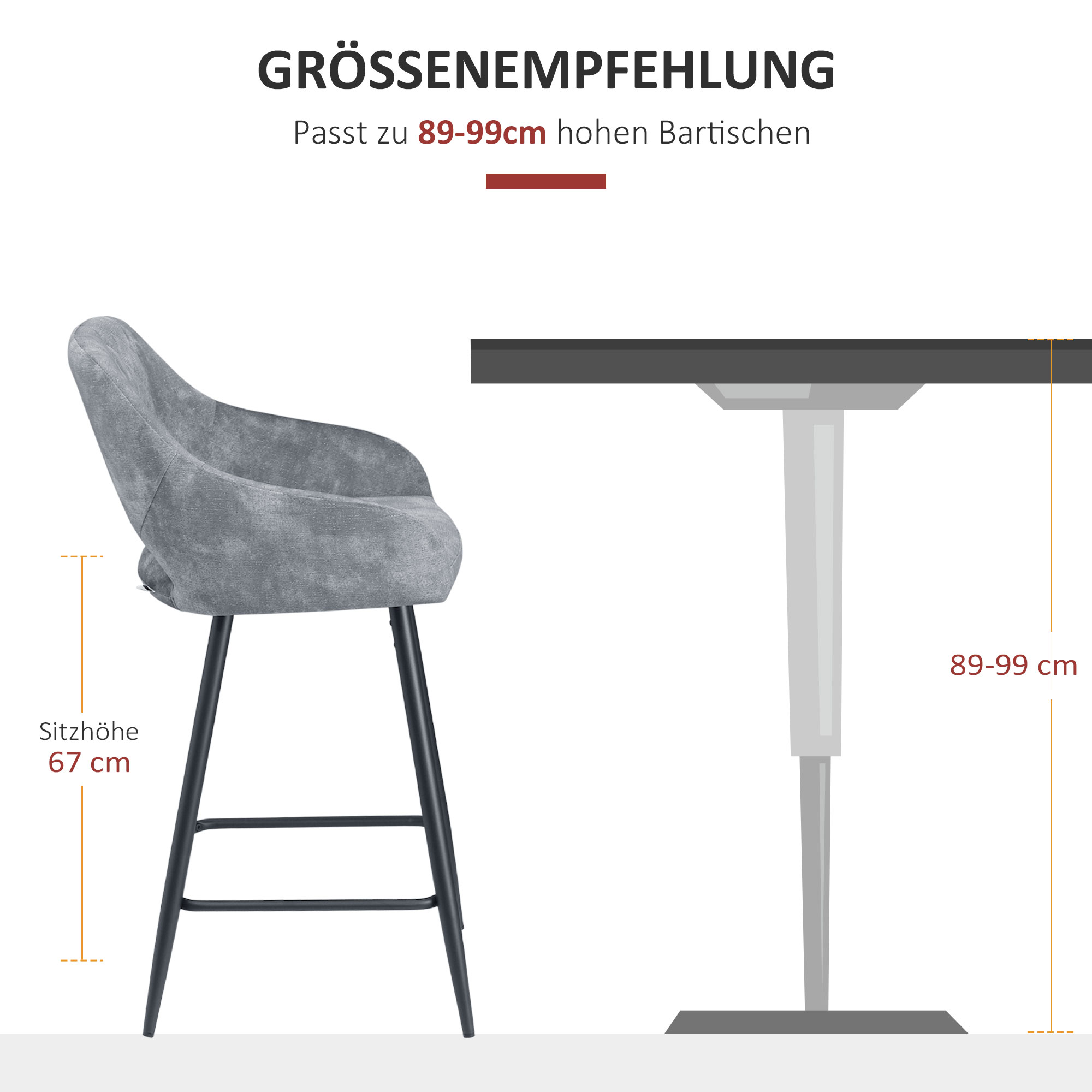 2er-Set Barhocker im Retrodesign, Samtoptik, inkl. Fußstütze 50 cm x 56 cm x 98 cm Grau