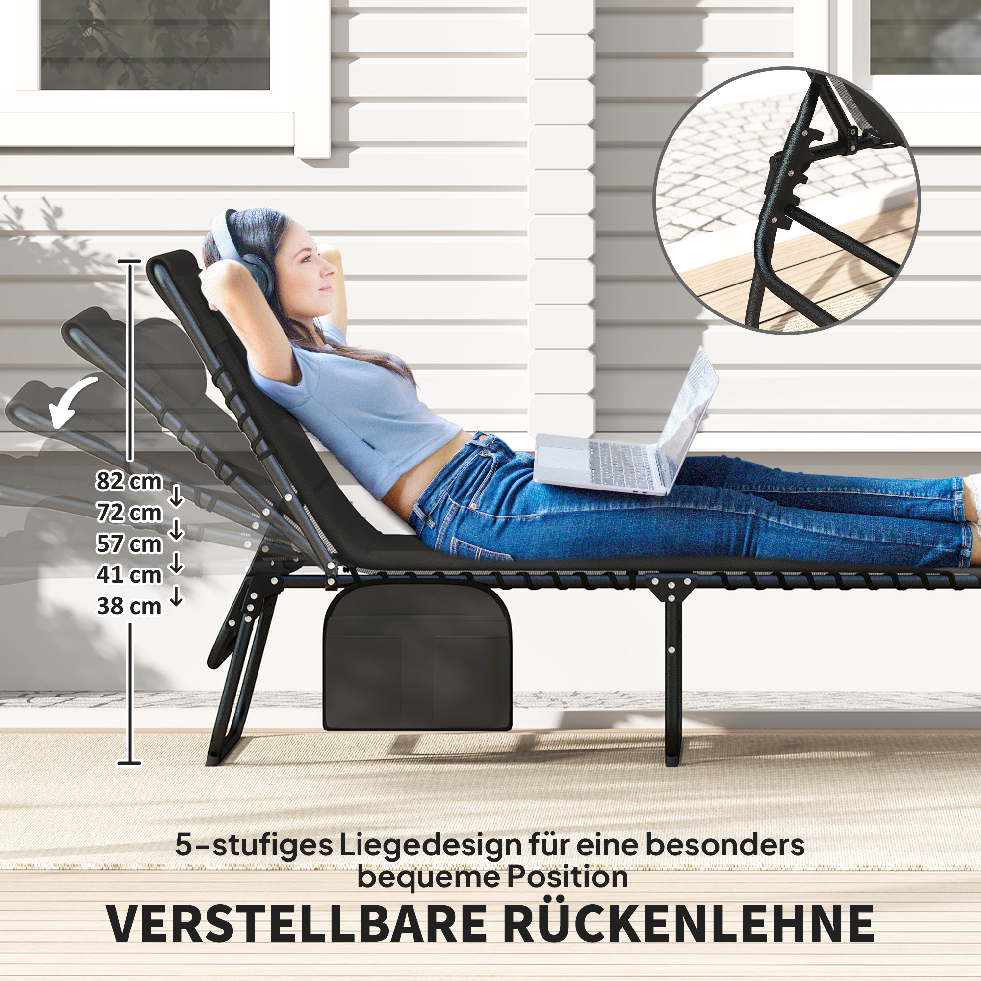 2er Set Sonnenliege klappbar Gartenliege mit Kopfkissen 5-Fach höhenverstellbarer Rückenlehne Seitentasche Schwarz