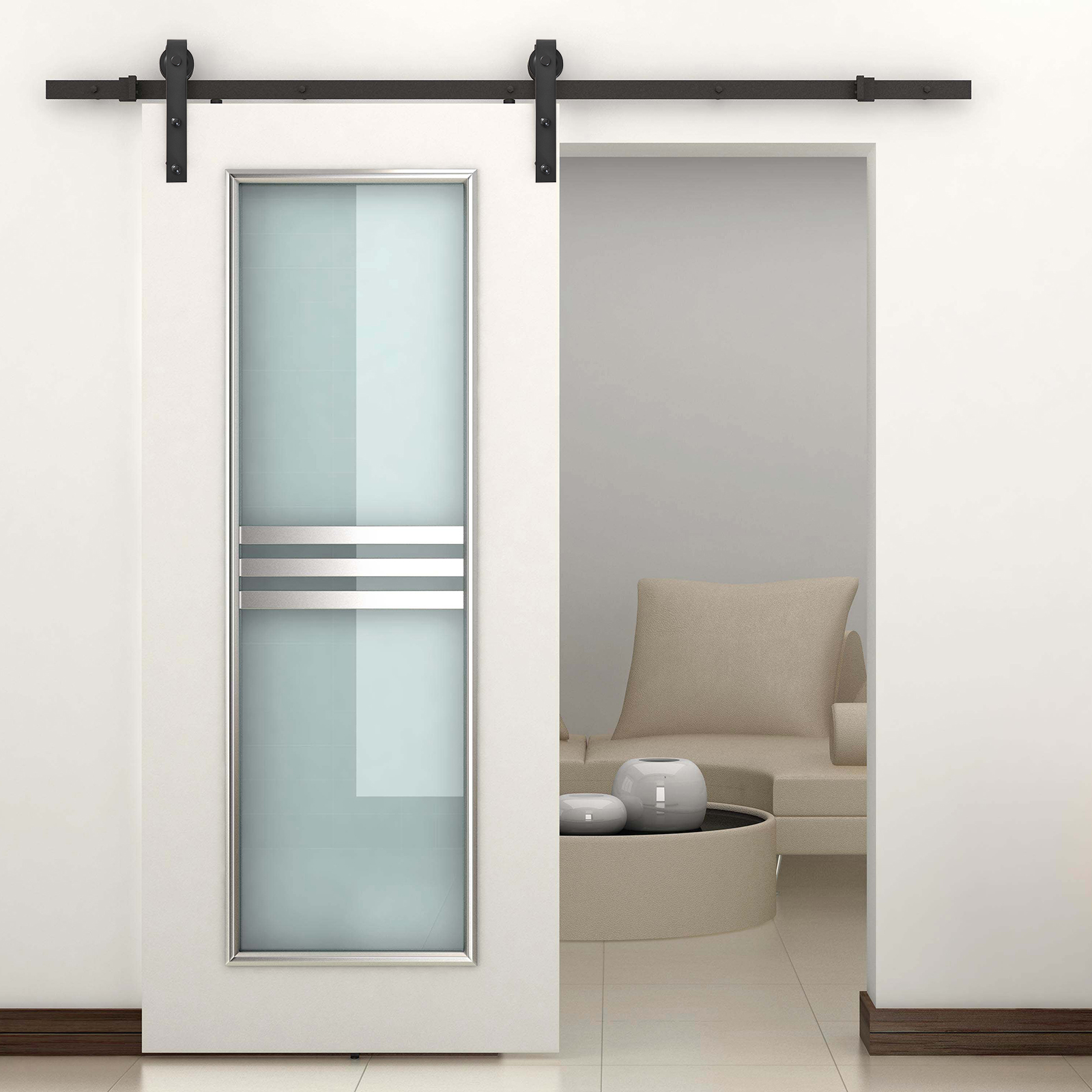 Gleitschienen-Bausatz für Schiebetür, bis 90 kg, Kohlenstoffstahl, 200 cm, Schwarz, inkl, Werkzeuge