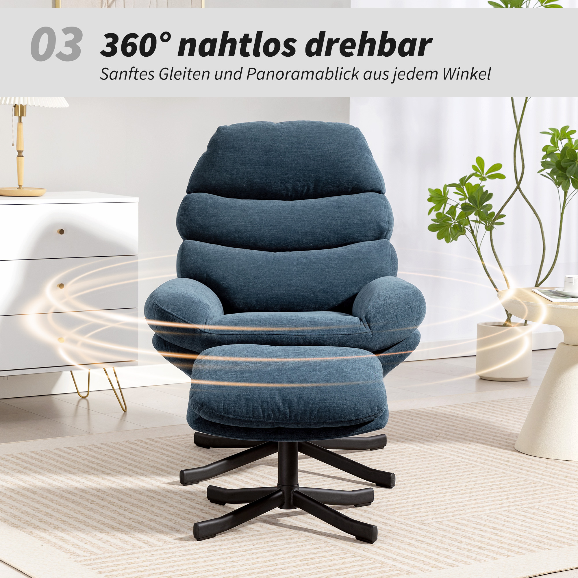 Relaxsessel mit Hocker Sessel Loungesessel mit Chenille-Stoff, Modern Fernsehsessel, 78 x 93 x 100 cm, Blau