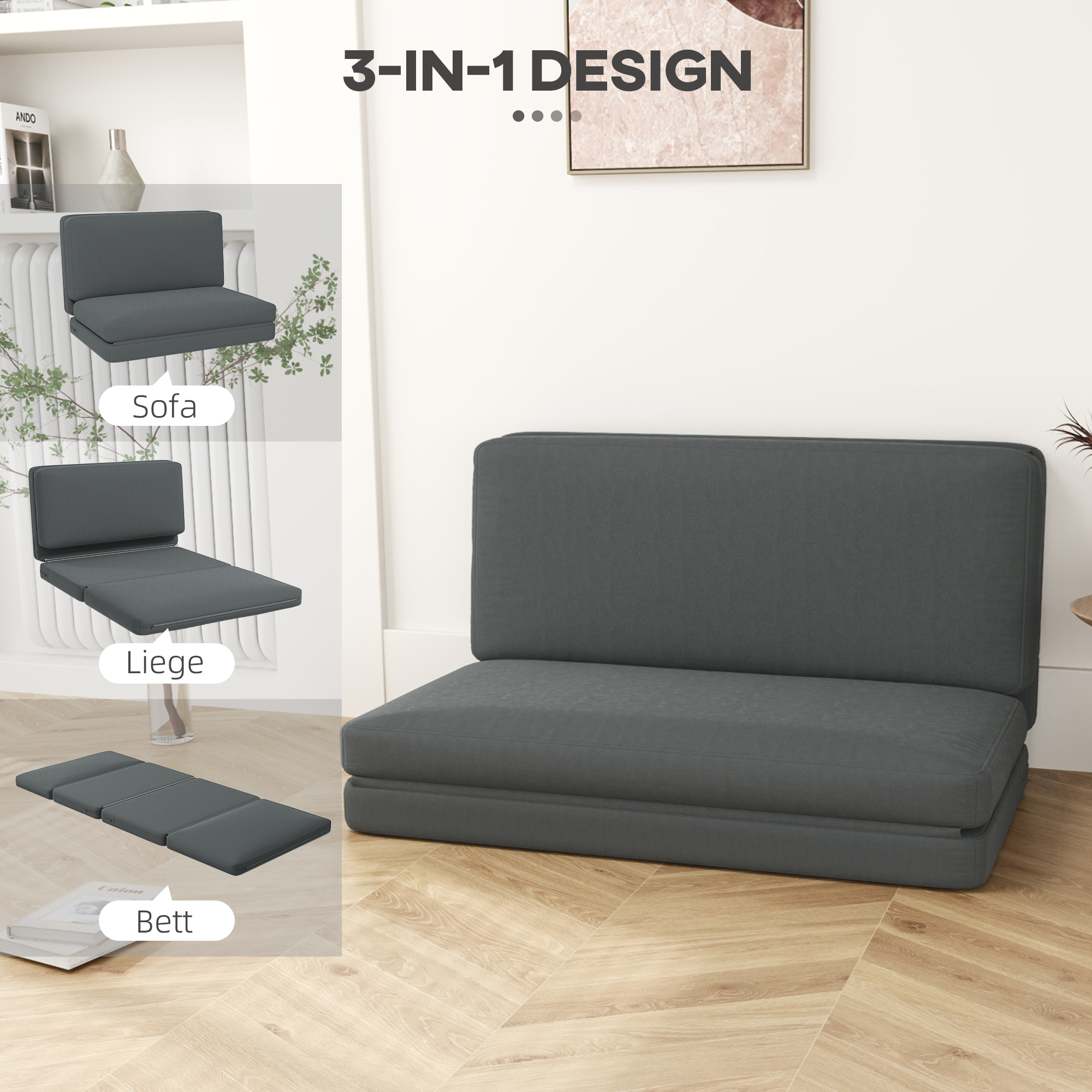 3-in-1 faltbarer Relaxsessel, Gästematratze, teilbar, 138 cm breit, Dunkelgrau