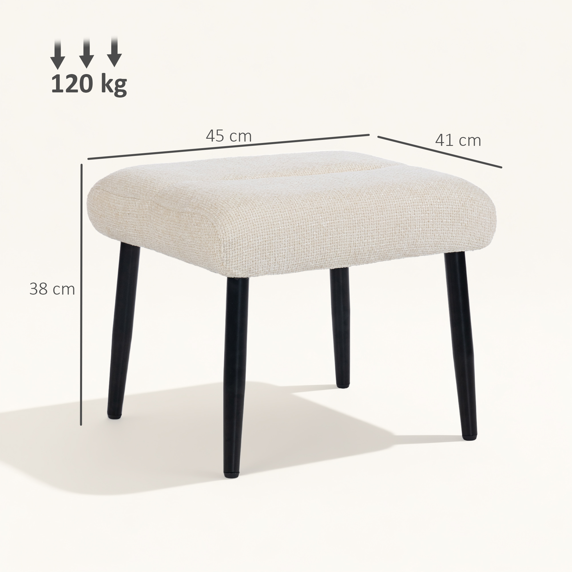 Sitzhocker Hocker mit weichem Sitzkissen Stahlbeinen Fußhocker mit Chenille-Stoff, 45 x 41 x 38 cm, Cremeweiß