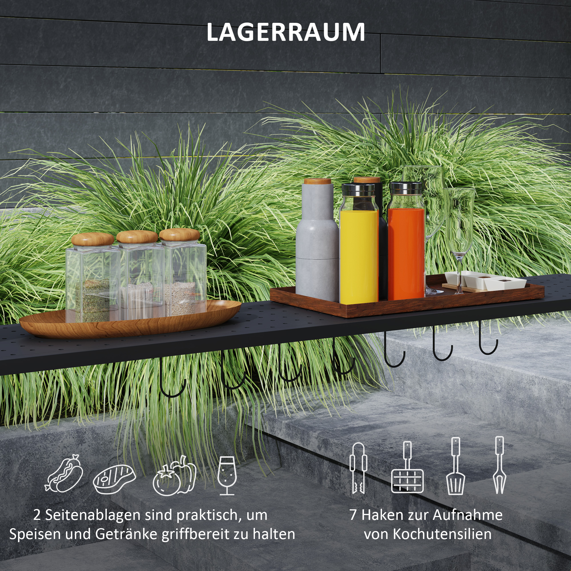 Grillpavillon, 2 Seitenablagen, Haken, Stahlrahmen, 1,1 x 2,3m, Dunkelgrau