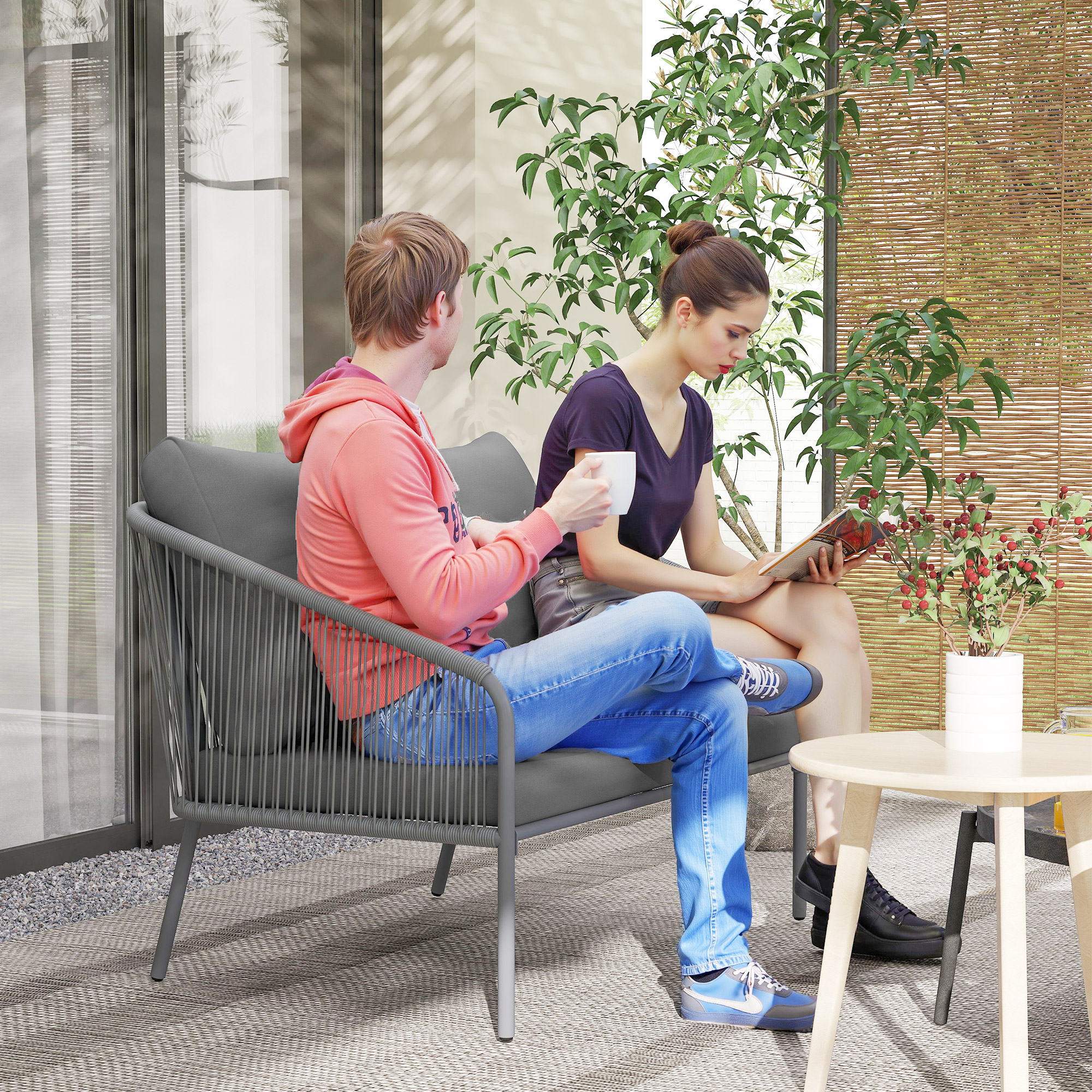 Gartensofa mit Kissen 2-Sitzer Rattan Sofa Lounge Sofa Outdoor Balkon Sofa 112 x 72 x 76 cm Grau