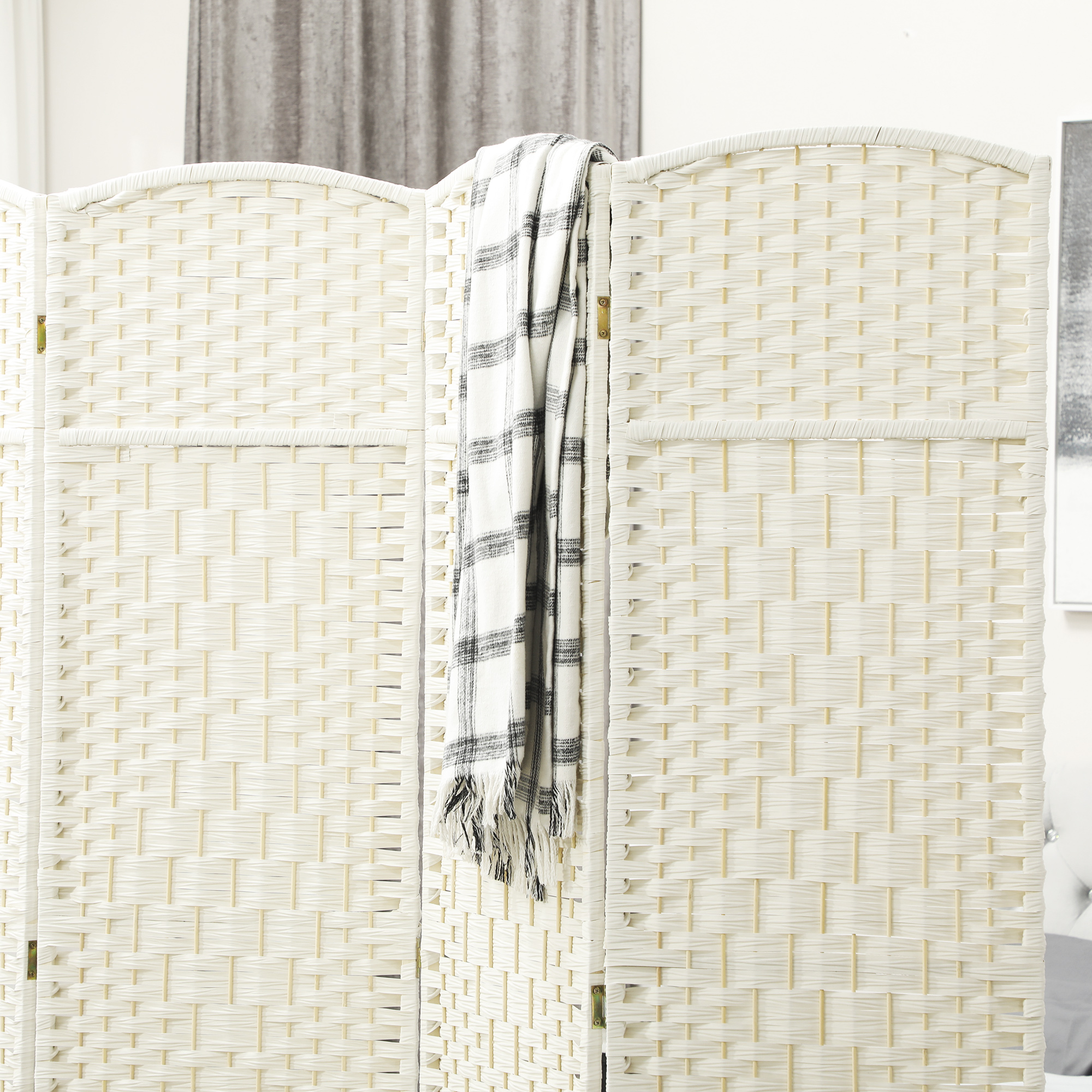 Raumteiler, 4-teilig faltbare Trennwand, Geflechtmuster, Kiefernholz, Weiß