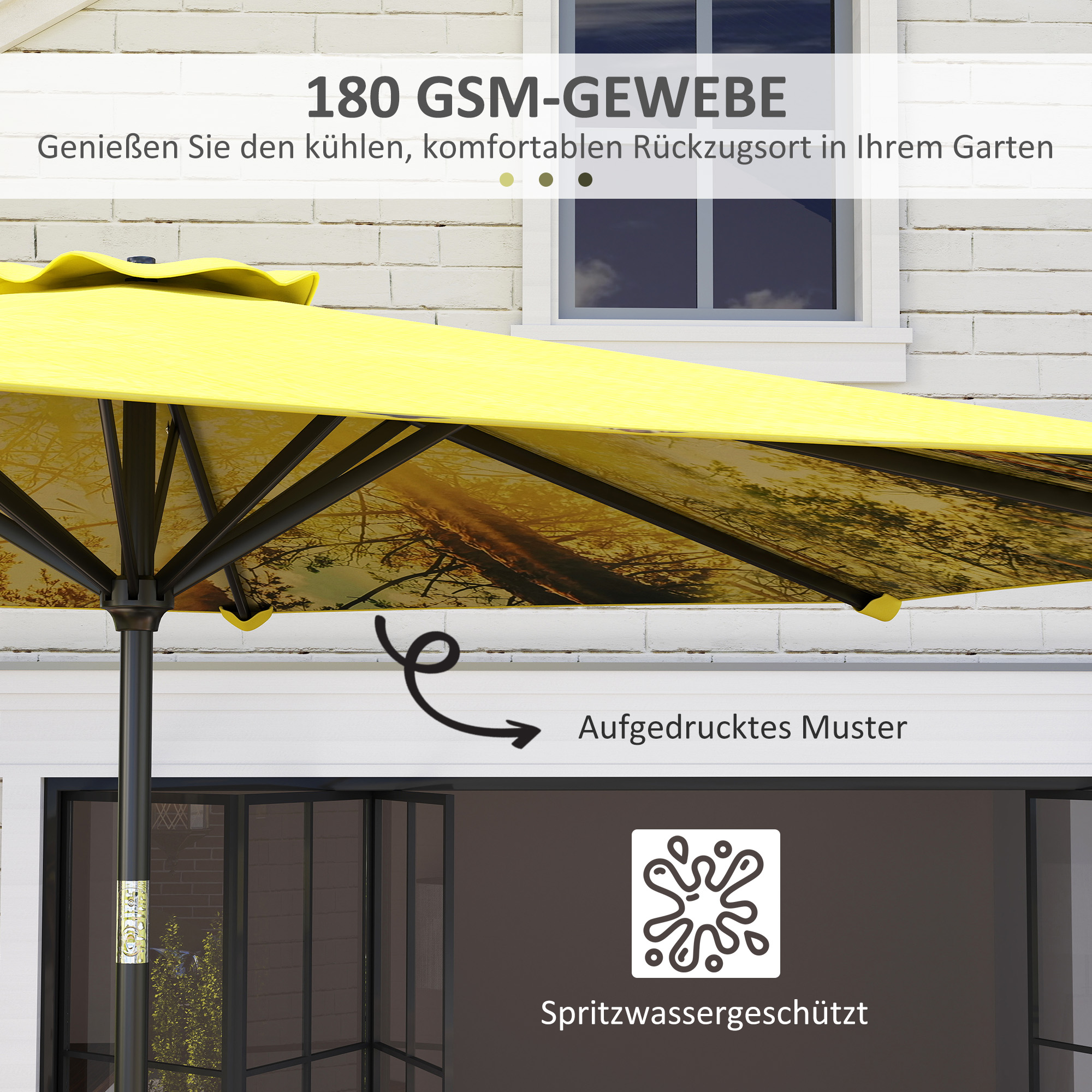 Sonnenschirm Ø300 cm, Sonnenschirm mit Handkurbel, achteckig Balkonschirm Gelb