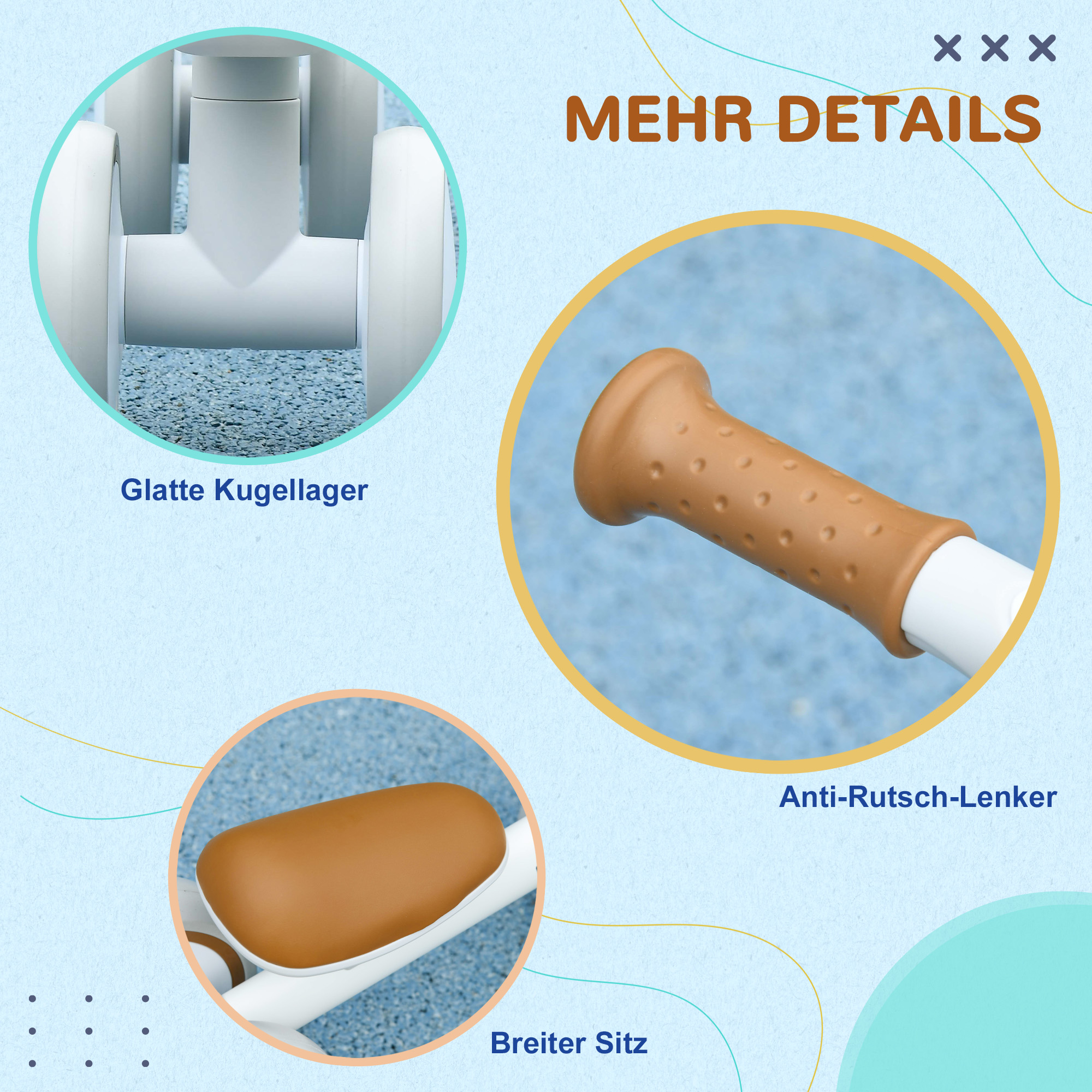 Laufrad, verstellbarer Sitz, Flüsterräder, für 1-3 Jahre, bis 20 kg, Braun/Weiß