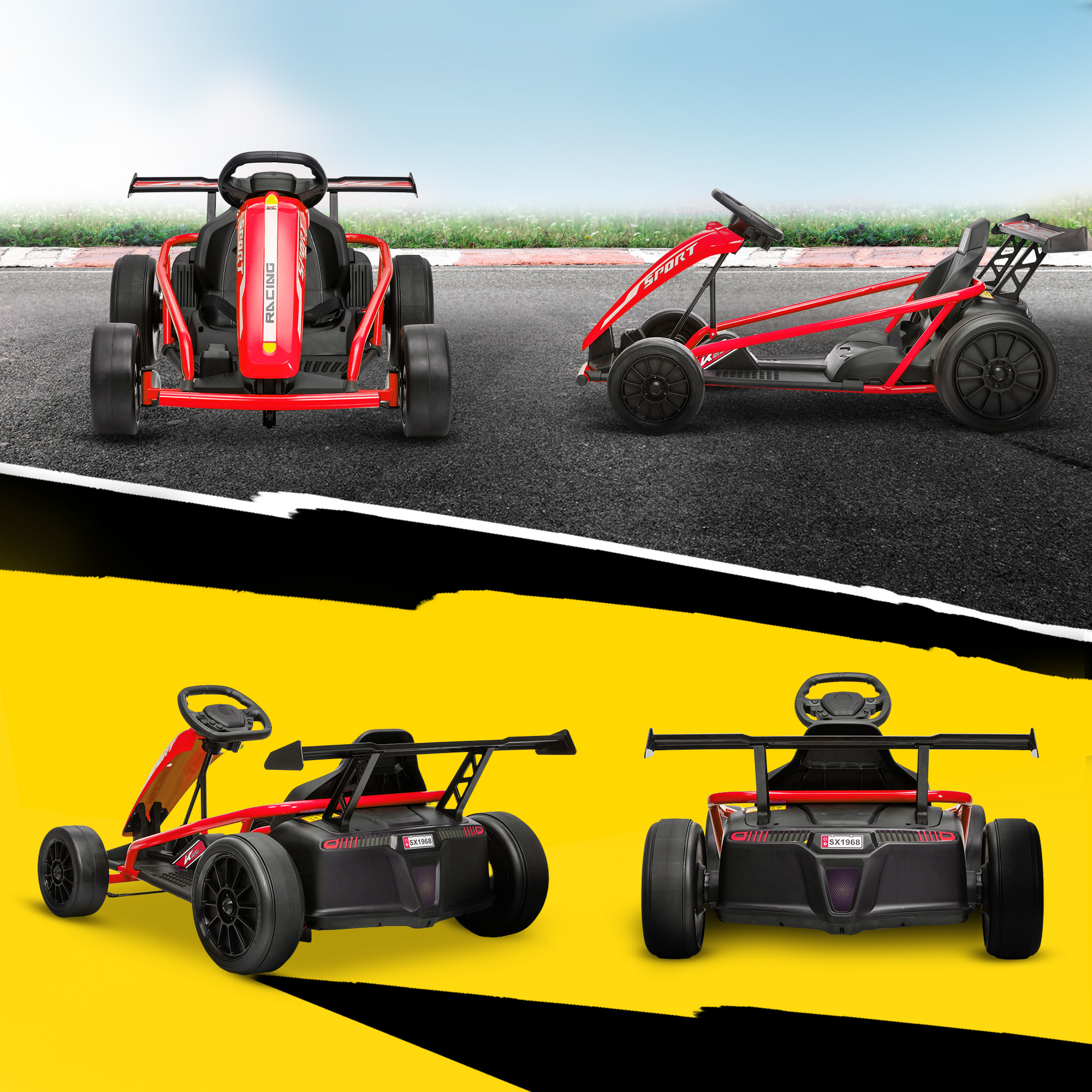 24V Elektro-Go-Kart zum Fahren und Driften, Nylon-Reifen, Sicherheitsgurt, Hupe, Musik für 8-12 Jahre Rot