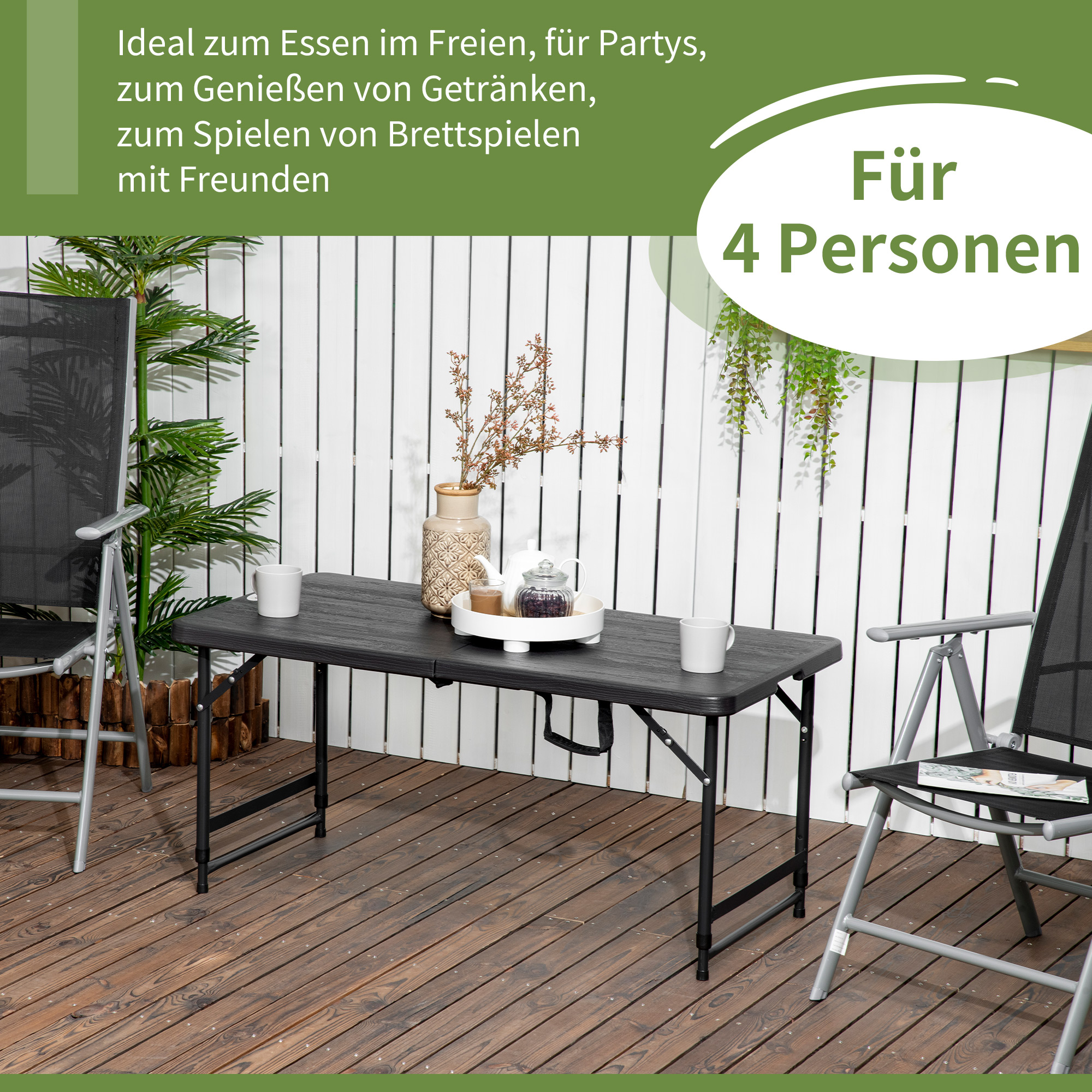 Outdoortisch, Gartentisch, für 4 Pers., klappbar, höhenverstellbar, Holzoptik, grau+schwarz, 118 x 60 x 74 cm