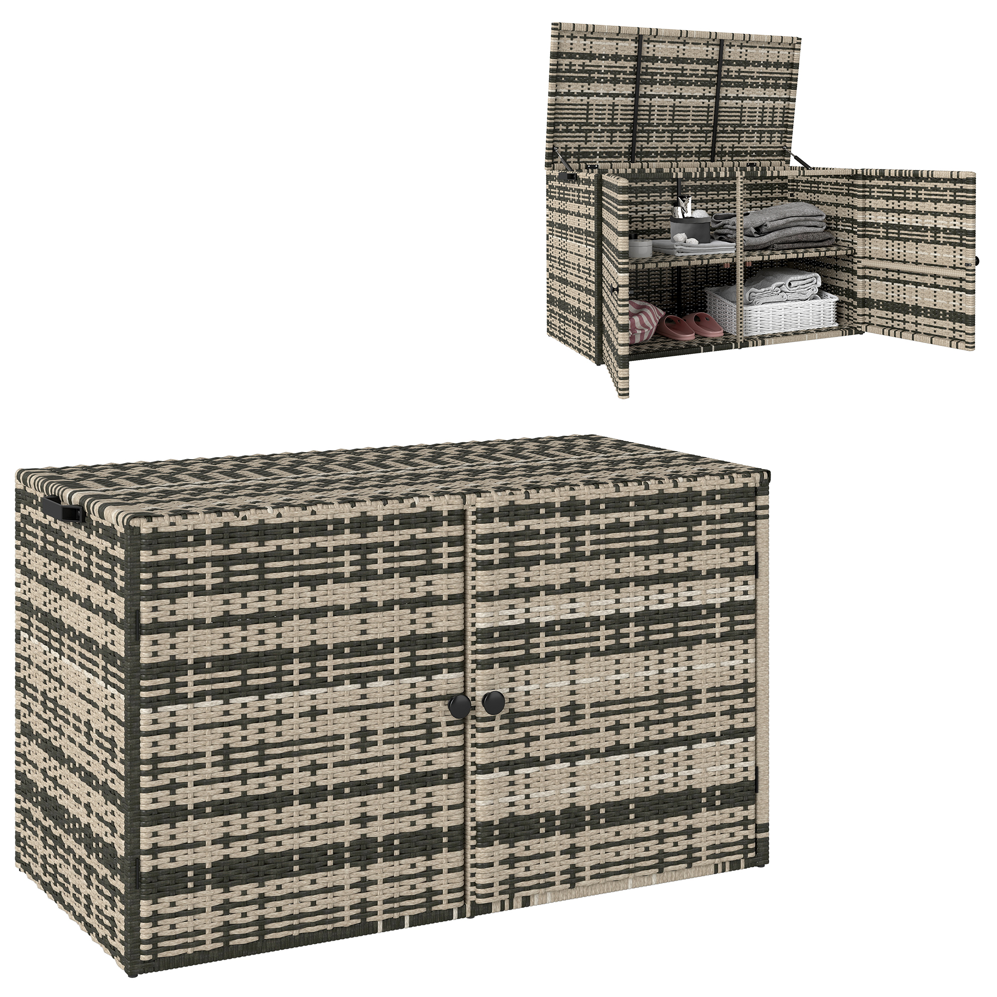 Rattan Auflagenbox 350L 2-Ebenne Kissenbox mit Deckel Hebestangen Tragegriffe 118 x 57 x 69 cm Mischgrau