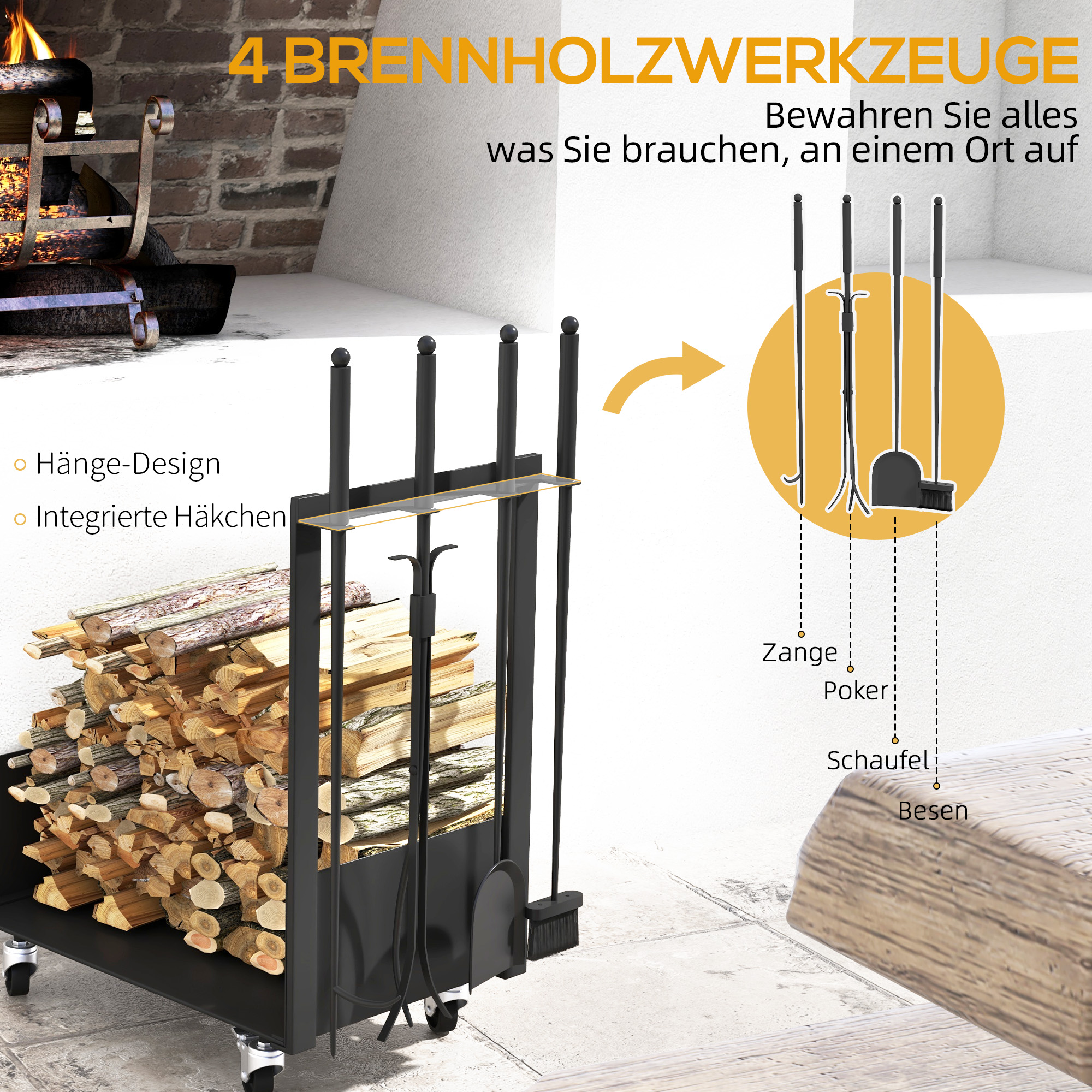 Feuerholzgestell mit Rädern, viel Zubehör, Metallrahmen, bis 60 kg, 48 x 30 x 76 cm, Schwarz