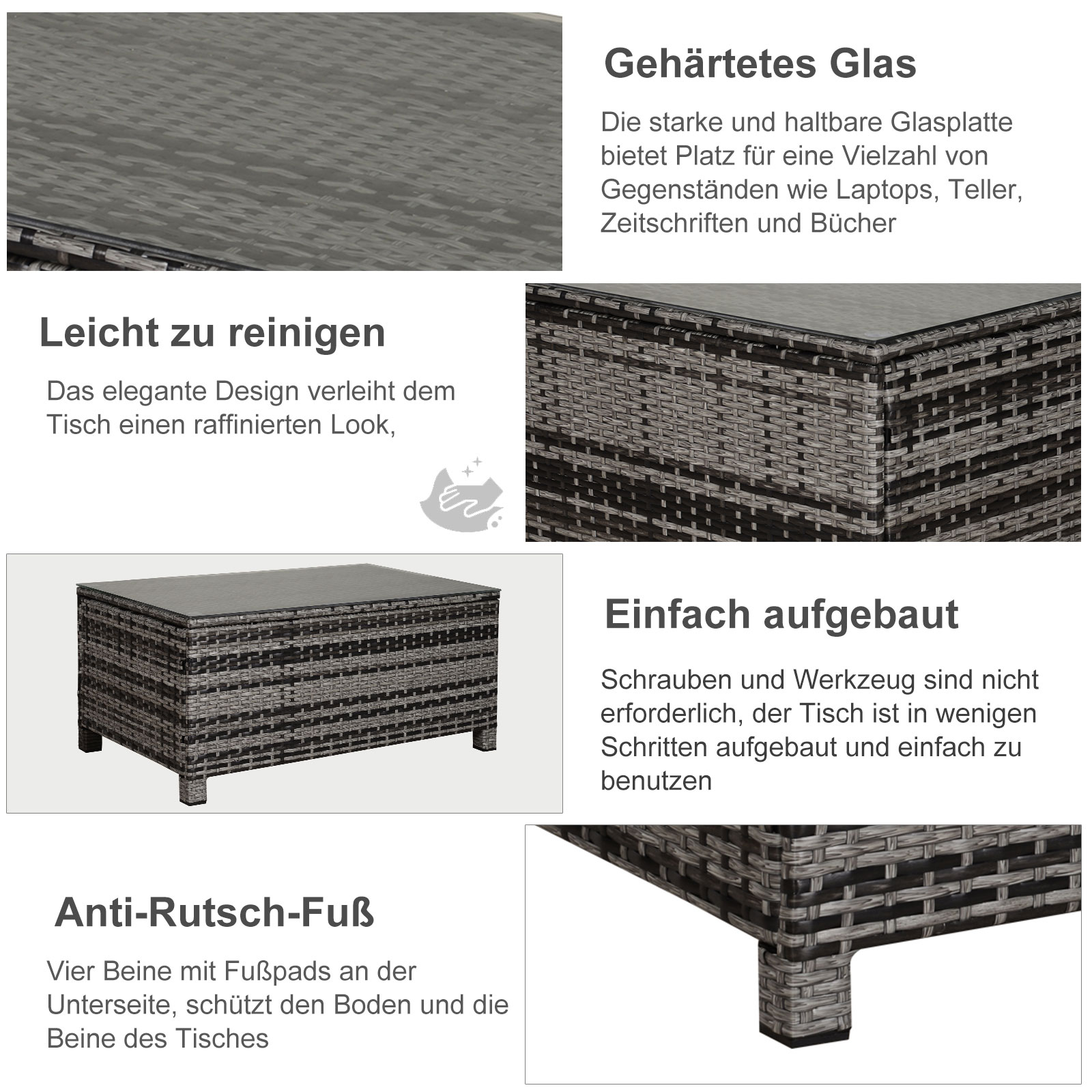 Garten Beistelltisch Couchtisch Gartentisch Balkontisch Polyrattan Grau 85 x 50 x 39 cm