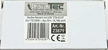 Stecker-Netzteil mit USB "CTN-0510" / Ein 110-240V~, Aus 5V=, 1A, 5W, weiß