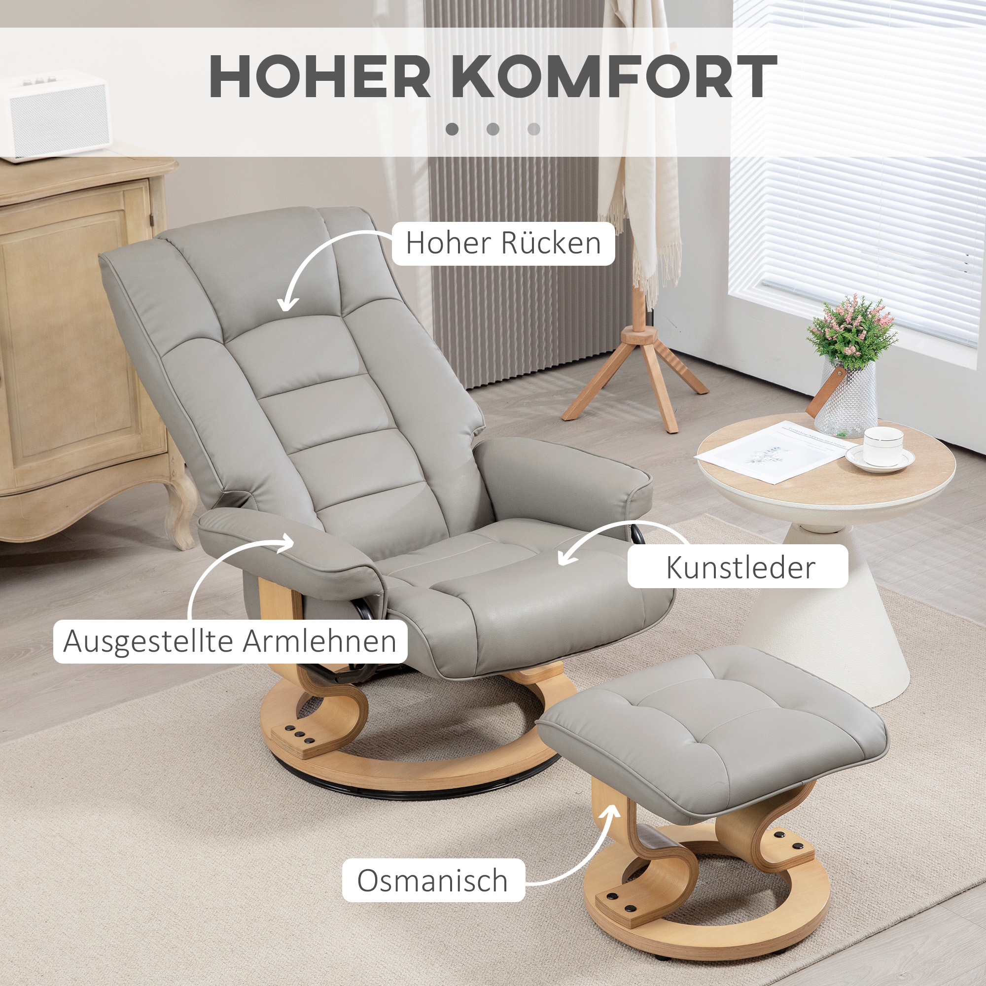 Relaxsessel mit Hocker, drehbar & neigbar, Kunstlederbezug, bis 150 kg, Holzgestell, Grau