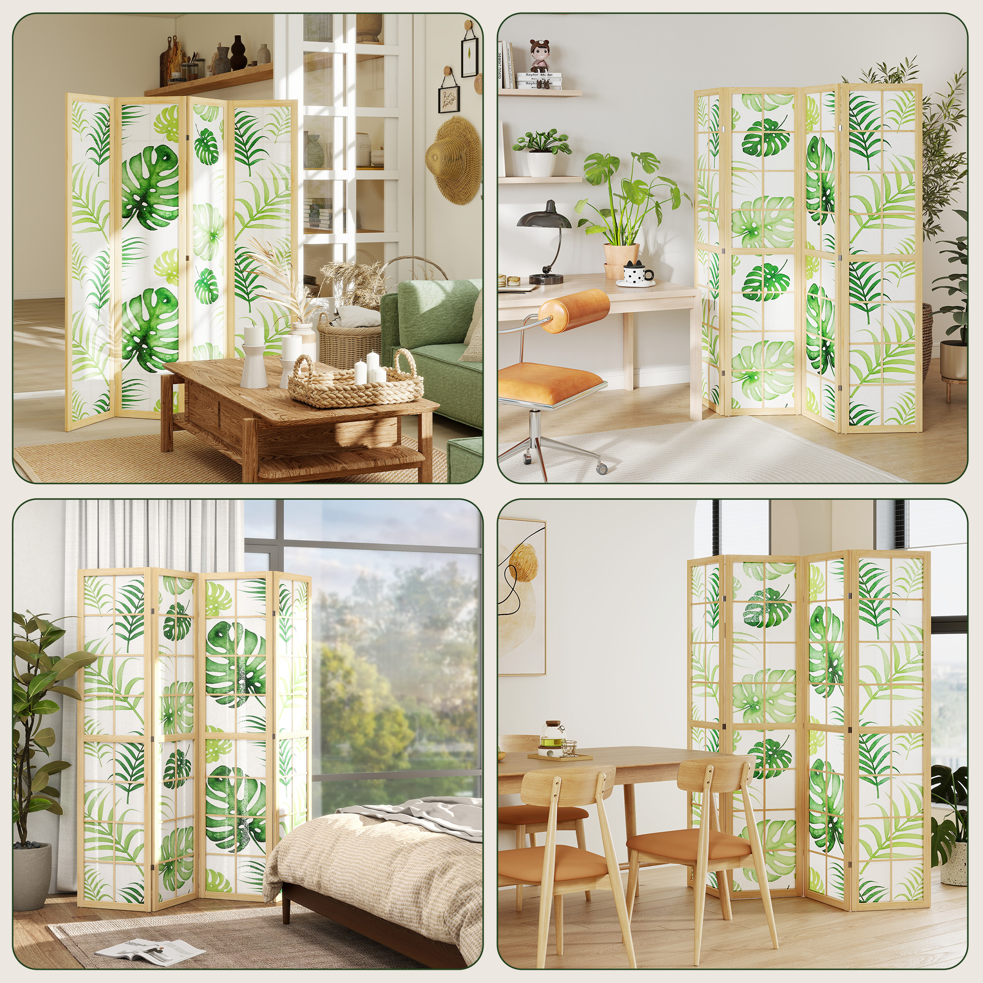 4-teiliger Raumtrenner, faltbar, Boho-Design, tropisches Motiv, freistehender Raumteiler, Holzrahmen, Grün