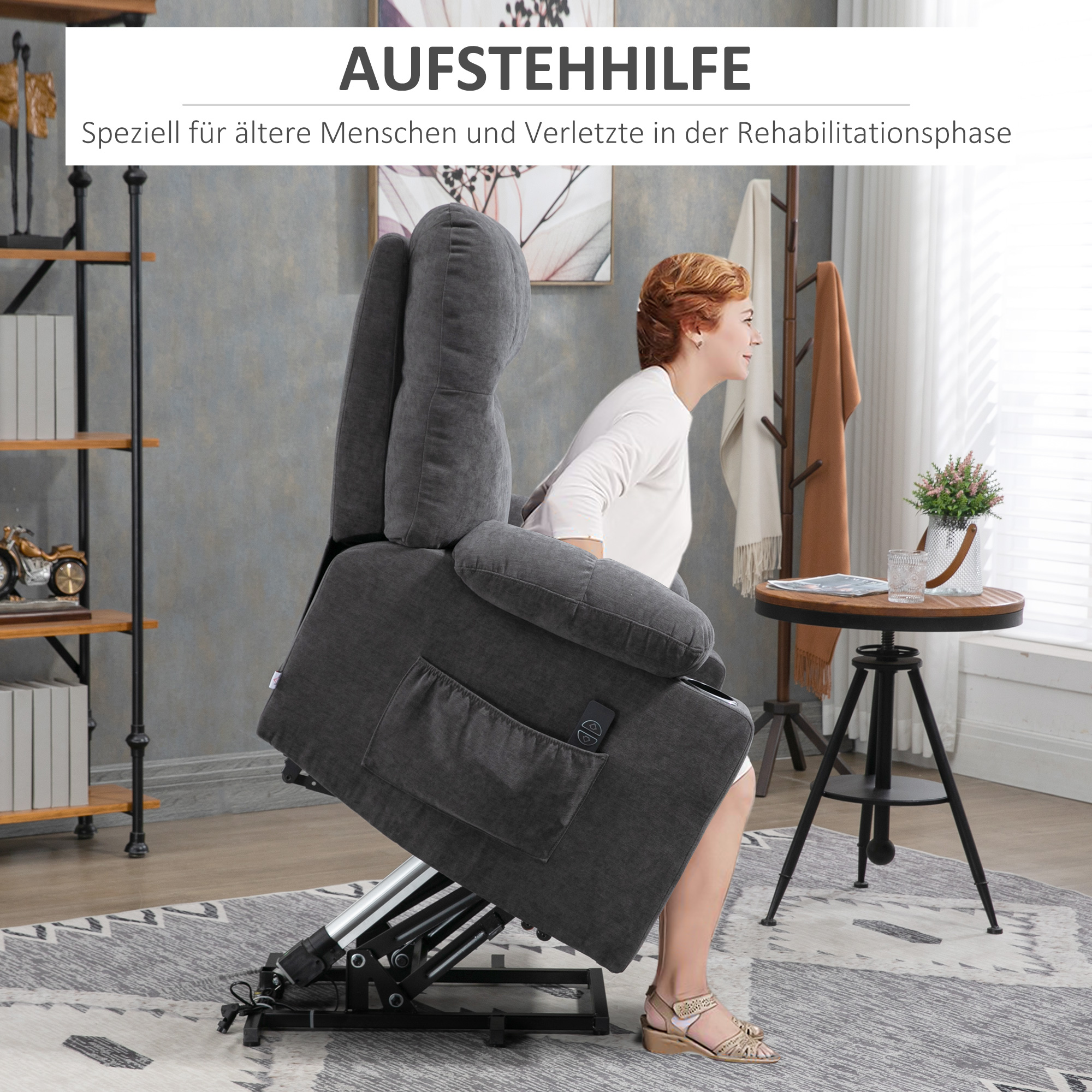 Aufstehhilfe Seniorensessel, Liegefunktion, inkl. Fernbedienung, 144 cm x 91 cm x 88 cm, Dunkelgrau