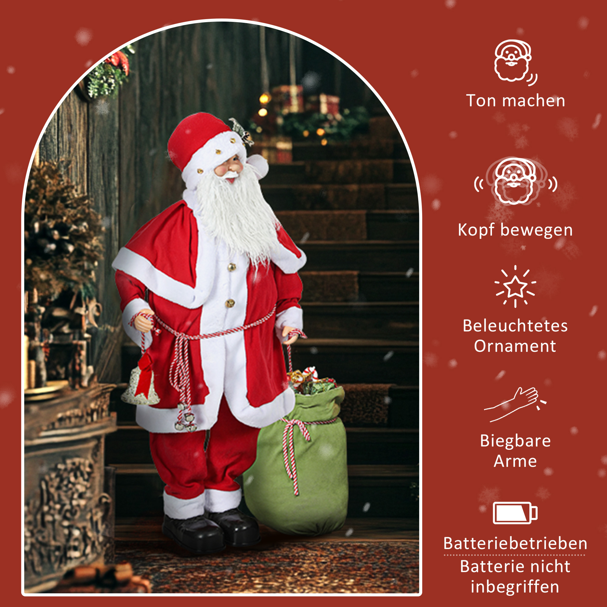 Weihnachtsmannfigur, beweglich, mit Geräuschsensor, Lachen & Musik, 140 cm, Rot