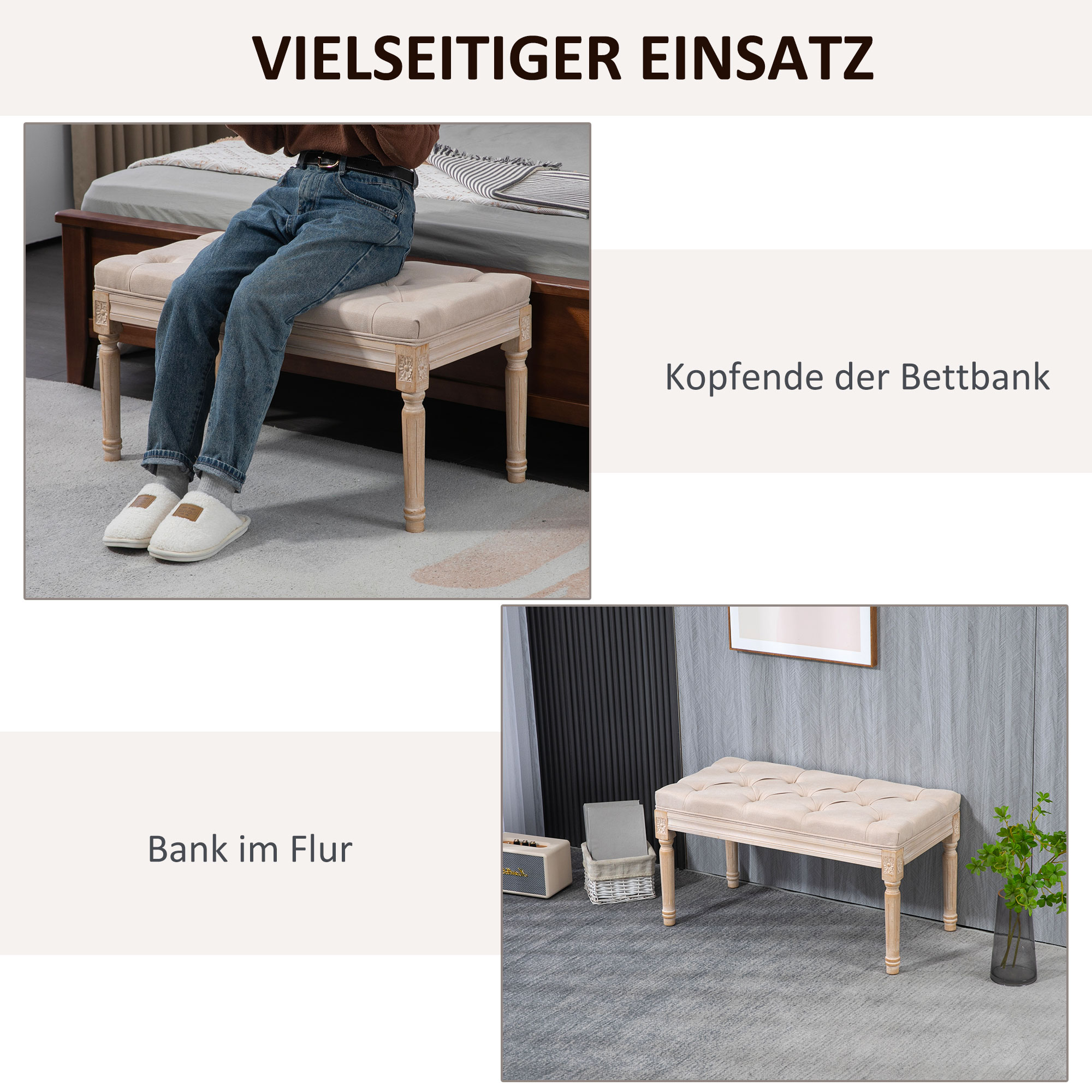 Sitzbank Vintagedesign Vintagebank, Knopfheftung, gedrechselte Beine, Shabby Chic, Creme