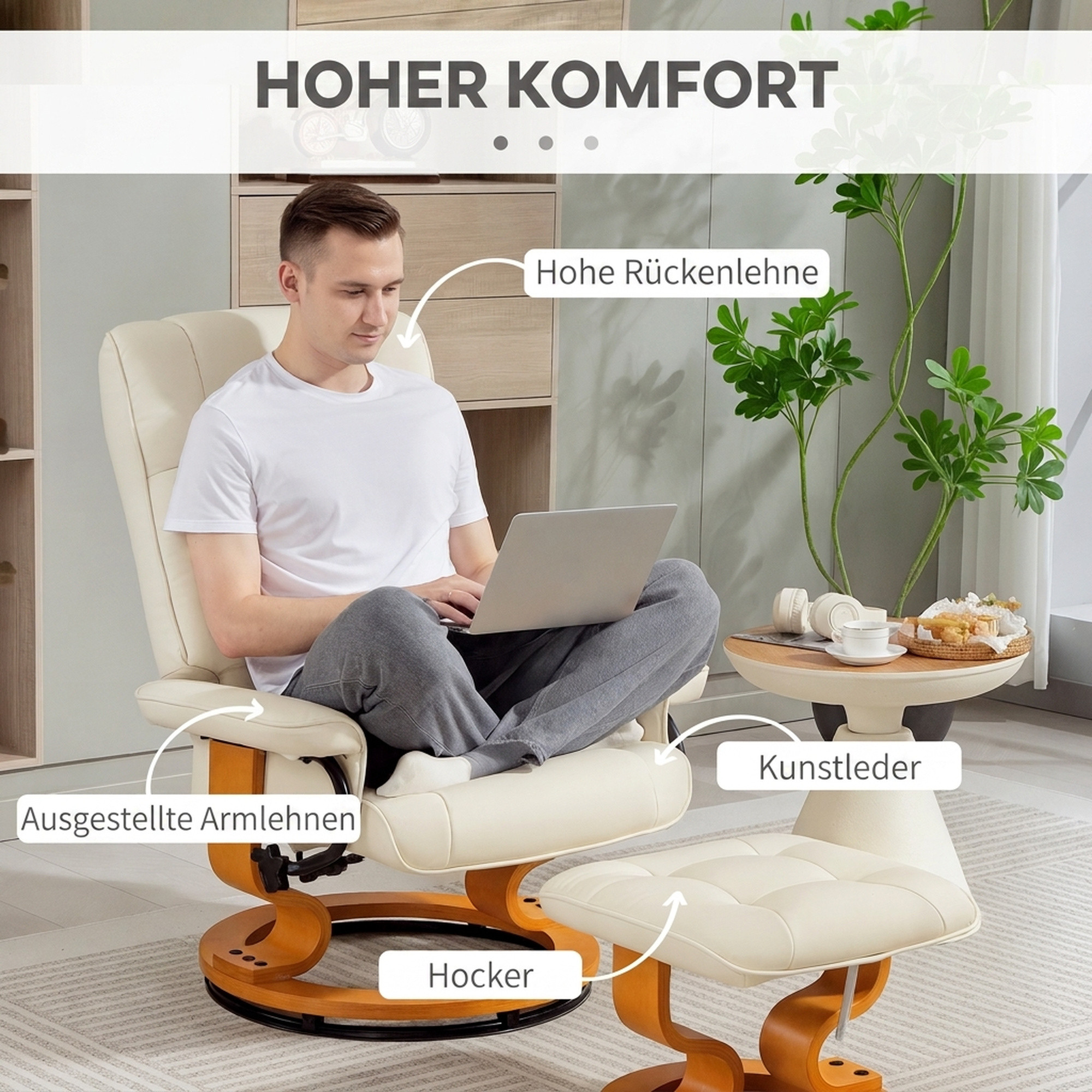 Relaxsessel mit Hocker, drehbar & neigbar, Kunstlederbezug, bis 150 kg, Holzgestell, Cremeweiß