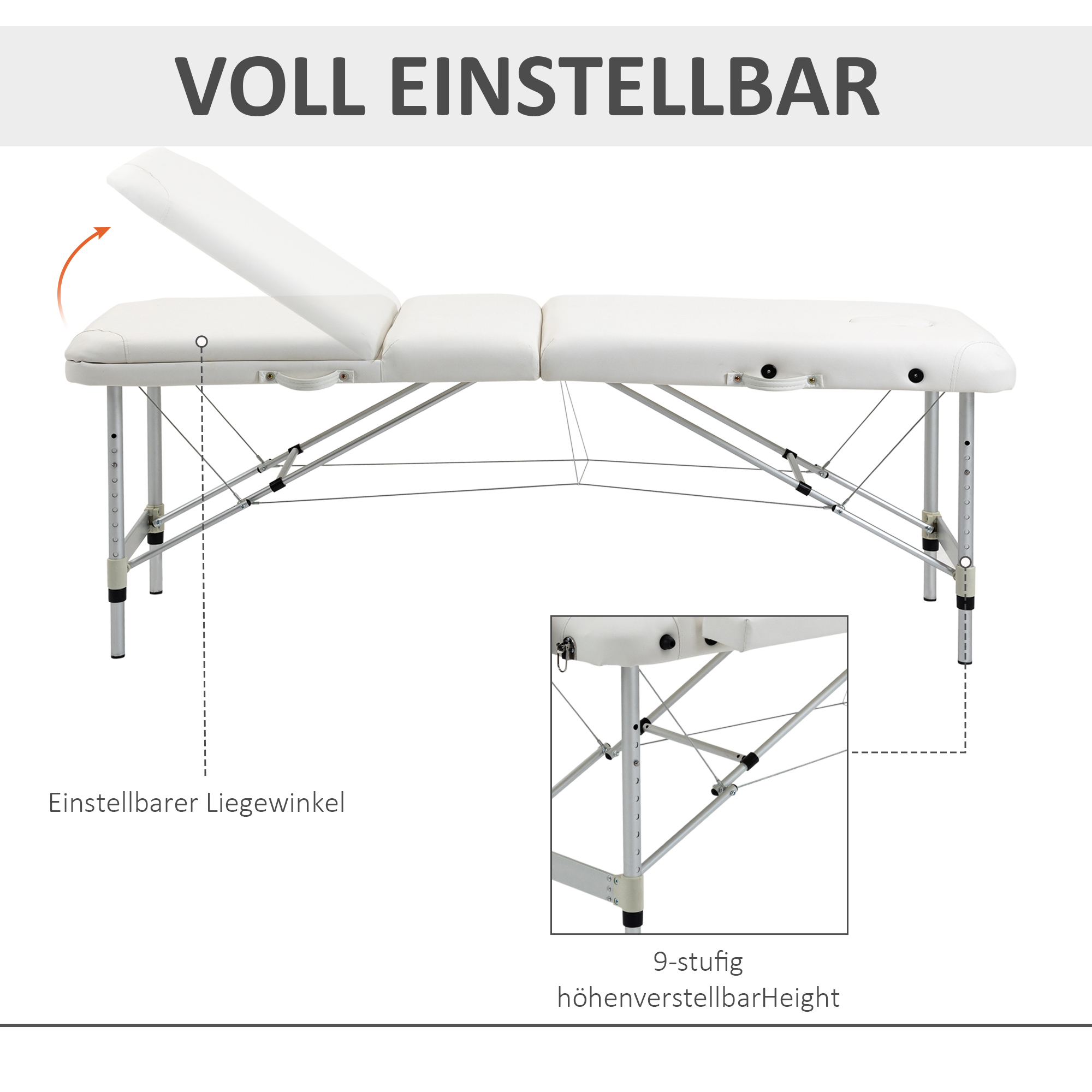 Mobile Massageliege 3 Zonen Klappbar Massagetisch mit Kopfstütze Armlehne Tragetasche höhenverstellbare Aluminium Massagebett tragbar inkl, Zubehör Massagebank bis 225 kg Belast Weiß