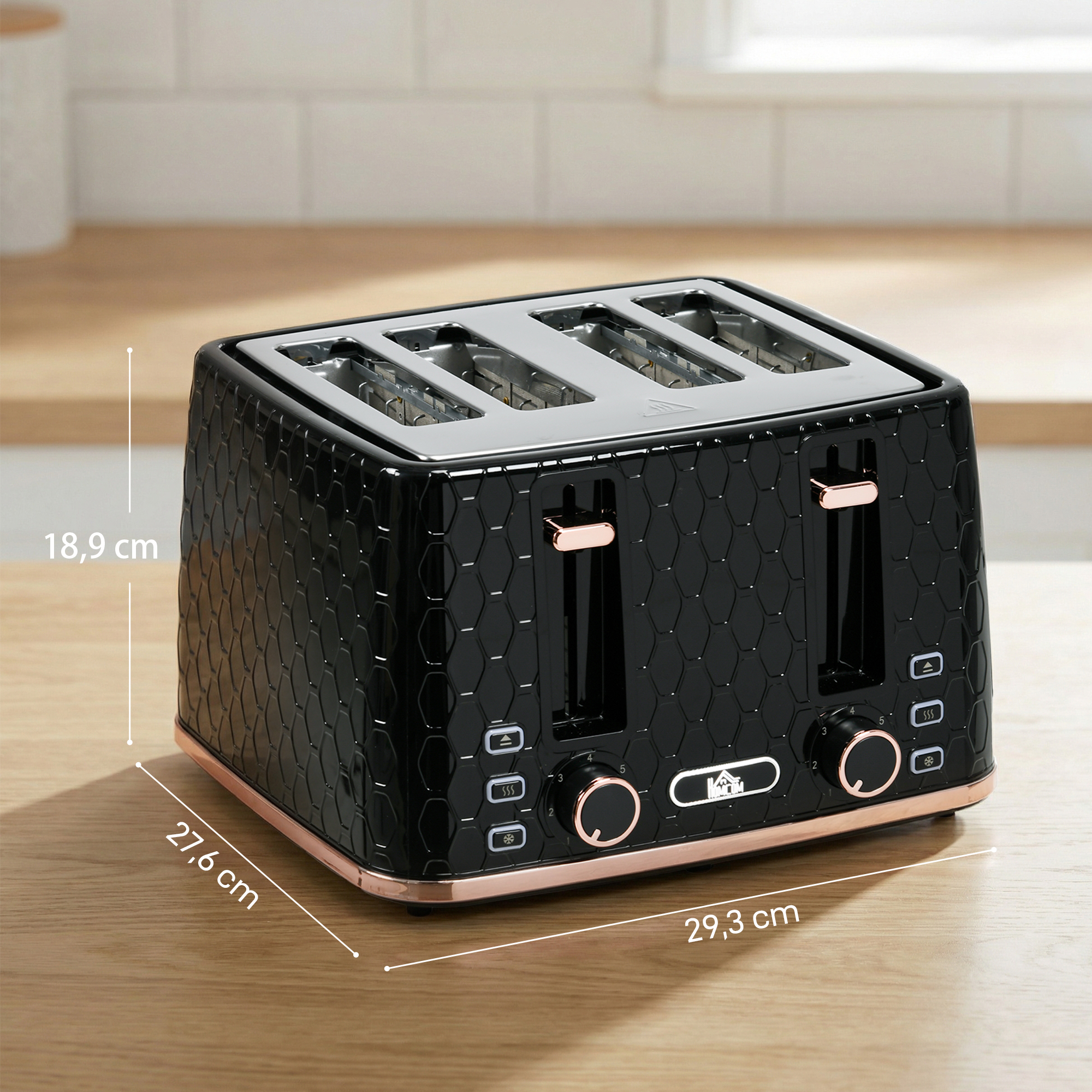 4-Scheiben-Toaster mit 7 Bräunungsstufen, High-Lift, Aufwärmen/Auftauen/Abbrechen, 1860W, Schwarz mit Wabenstruktur