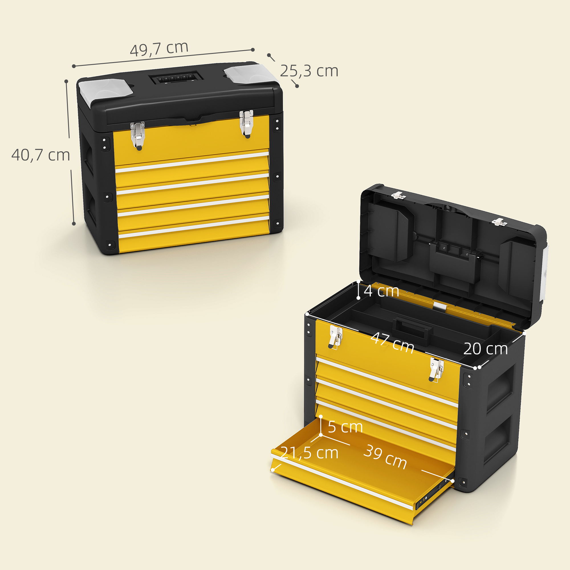 Werkzeugkiste leer, 49,7 x 25,3 x 40,7 cm Werkzeugkasten mit 4 Schubladen, Mini-Box Stahl Gelb