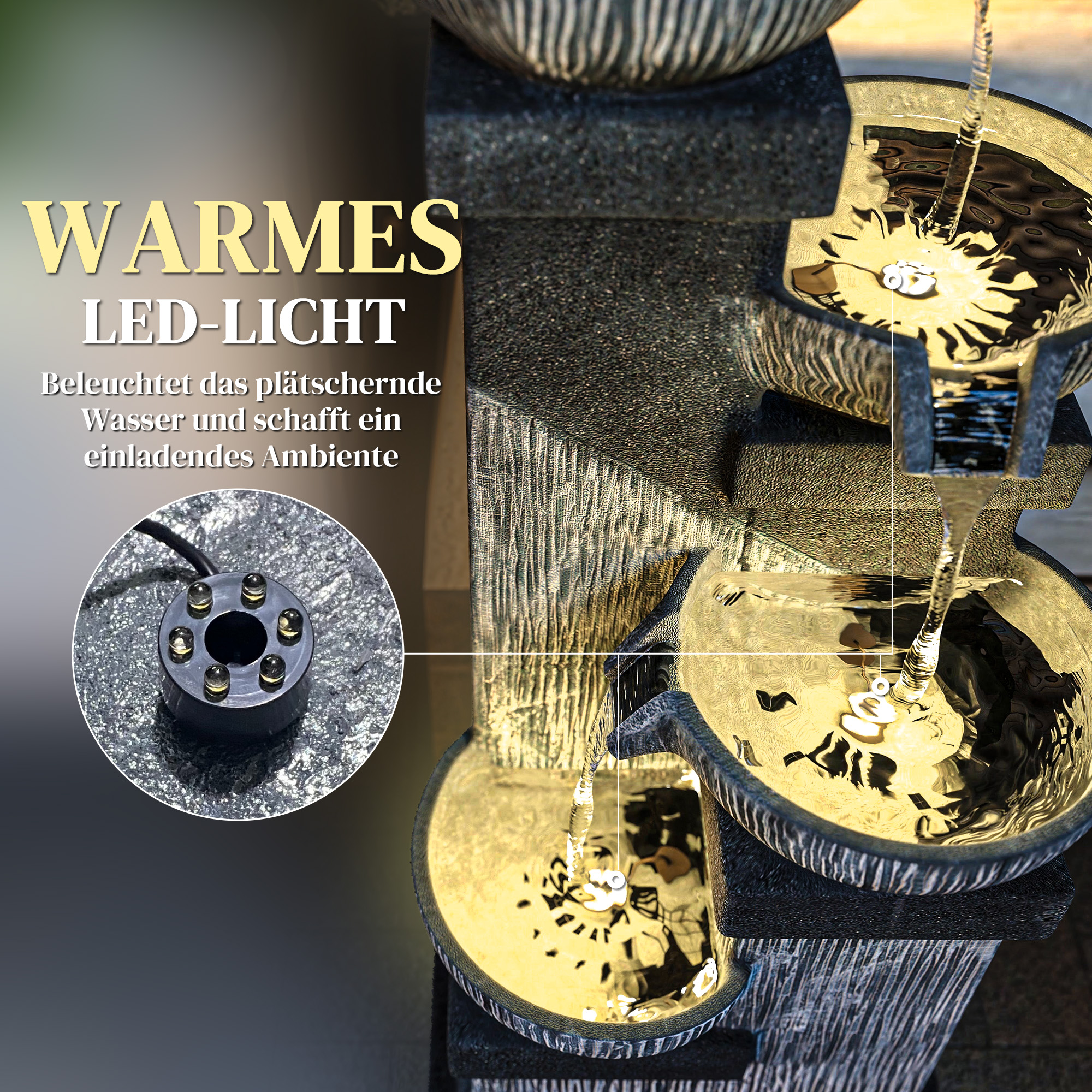 85 cm Outdoor-Brunnen, 4-stufiger Zierbrunnen, künstlicher Wasserfall mit LED-Beleuchtung und Pumpe, Grau