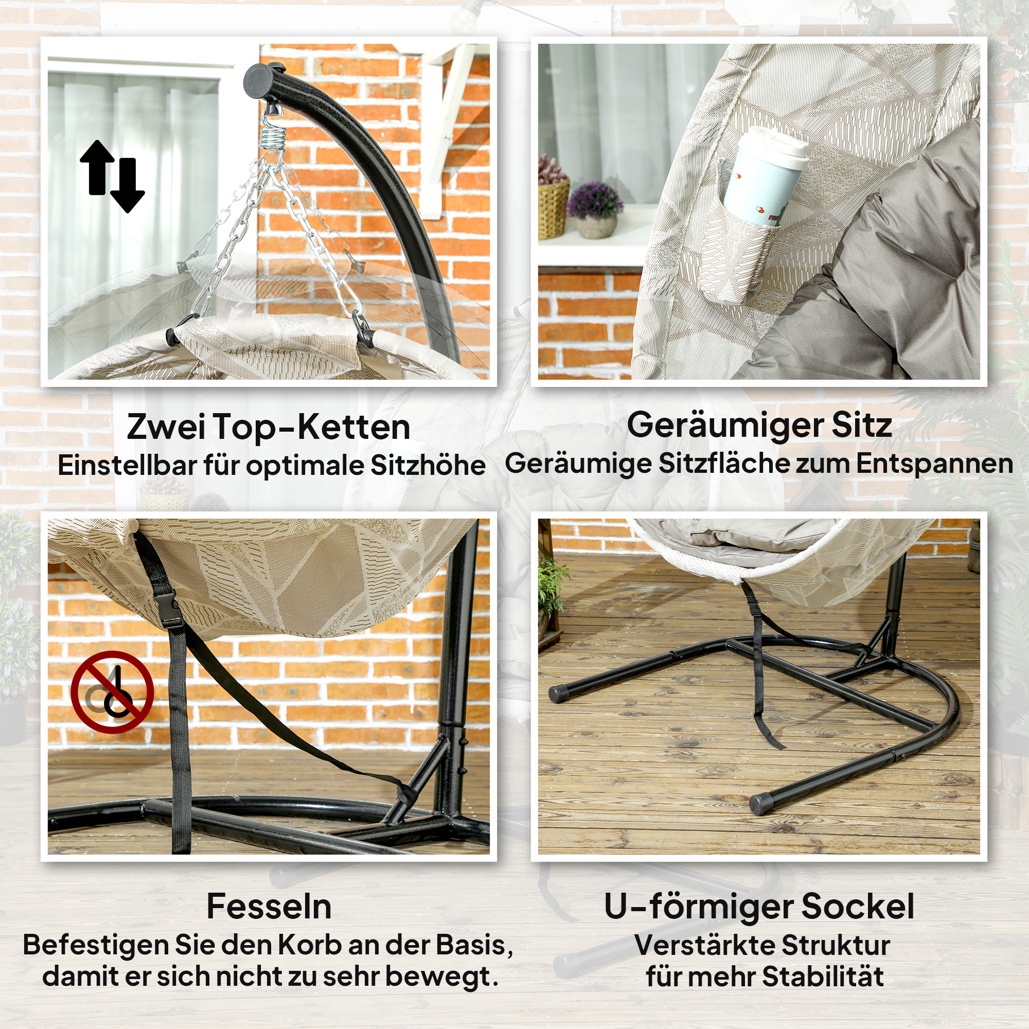 Eiförmiger Hängekorb, Hängesessel mit Schaukelfunktion und faltbarem Korb, Gartenstuhl, Becherhalter, Sandbraun