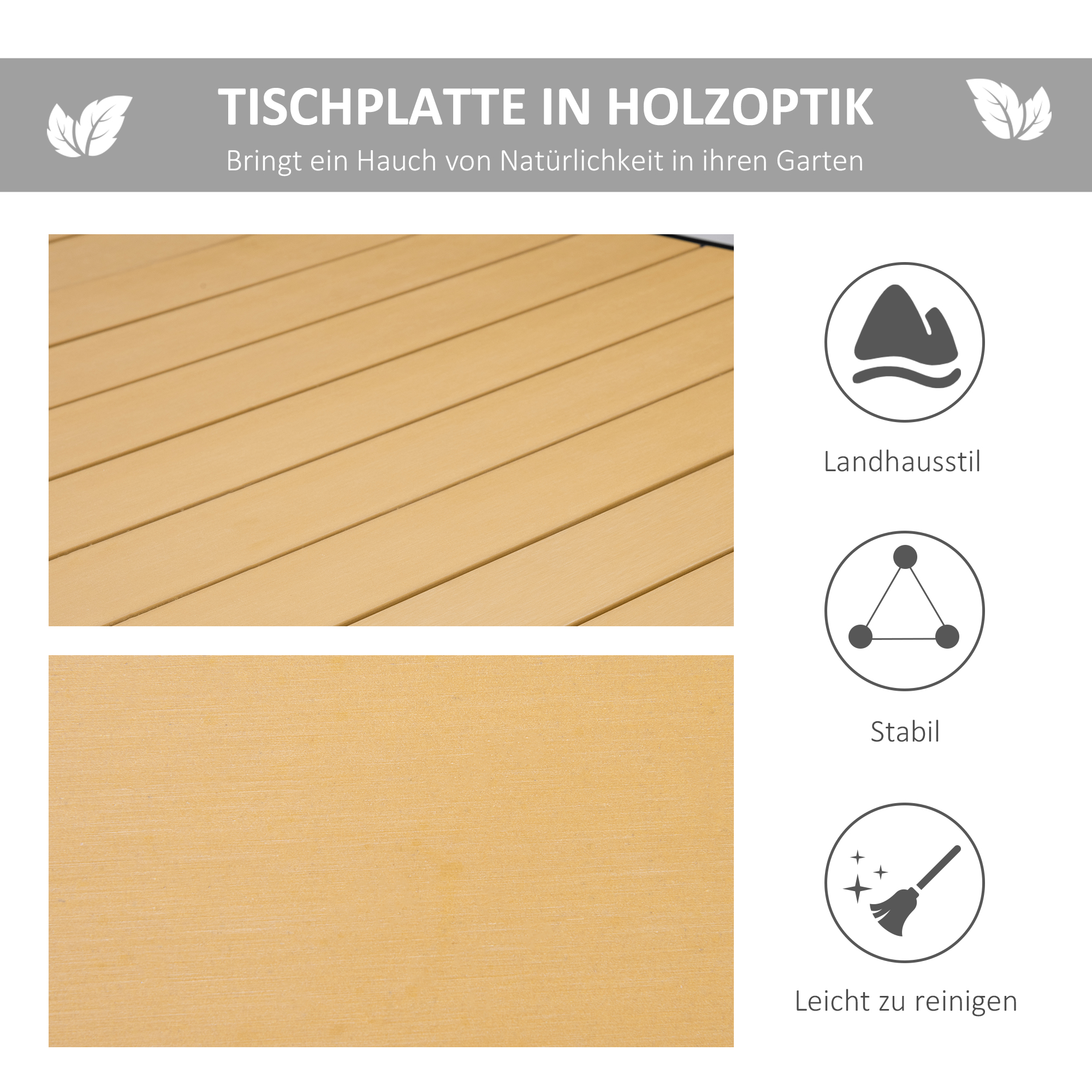 Gartentisch für 8 Personen Esstisch Aluminiumtisch Gartenmöbel Loungemöbel pflegeleicht Kunststoff Natur+Schwarz 190 x 90 x 74 cm