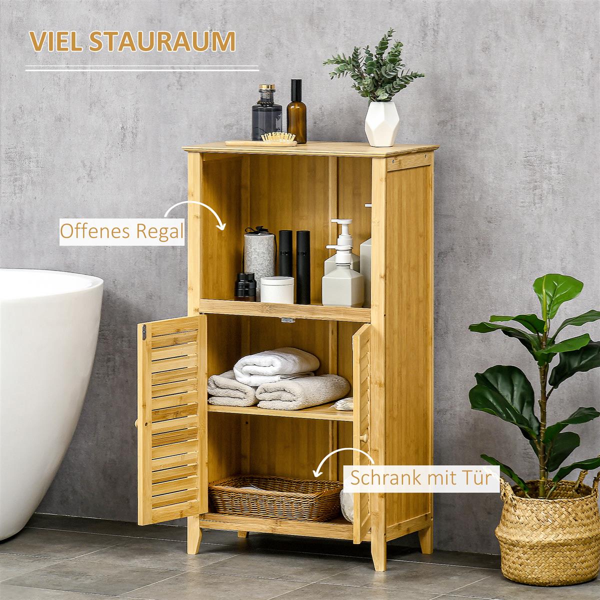Badezimmerschrank Badschrank Standregal mit 2 Lamellentüren, offenem Regal, Bambus, Aufbewahrungsschrank Schrank für Badezimmer, Wohnzimmer 50 x 25,5 x 92cm Natur