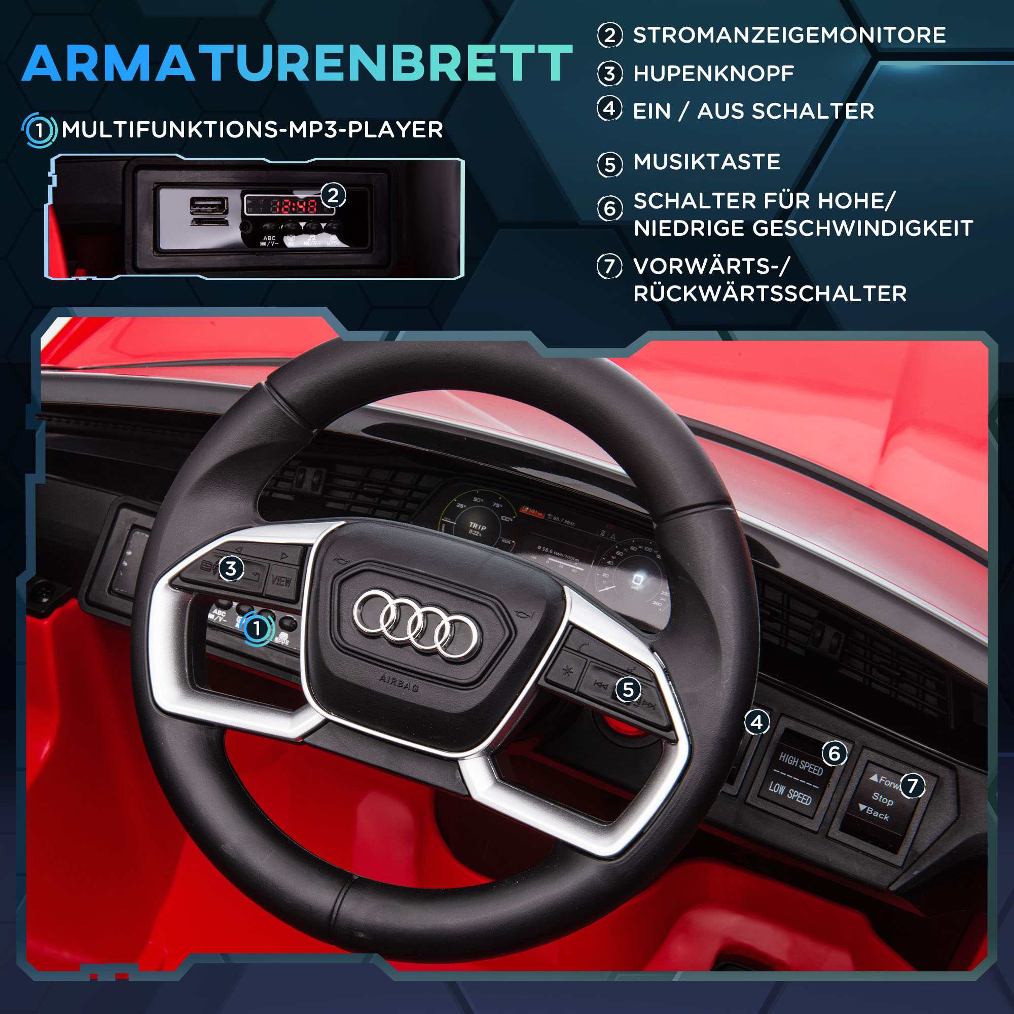 Kinder-Elektroauto, bis 5 km/h, mit Sicherheitsgurt, Fernbedienung, Scheinwerfern, Musikfunktion, rot