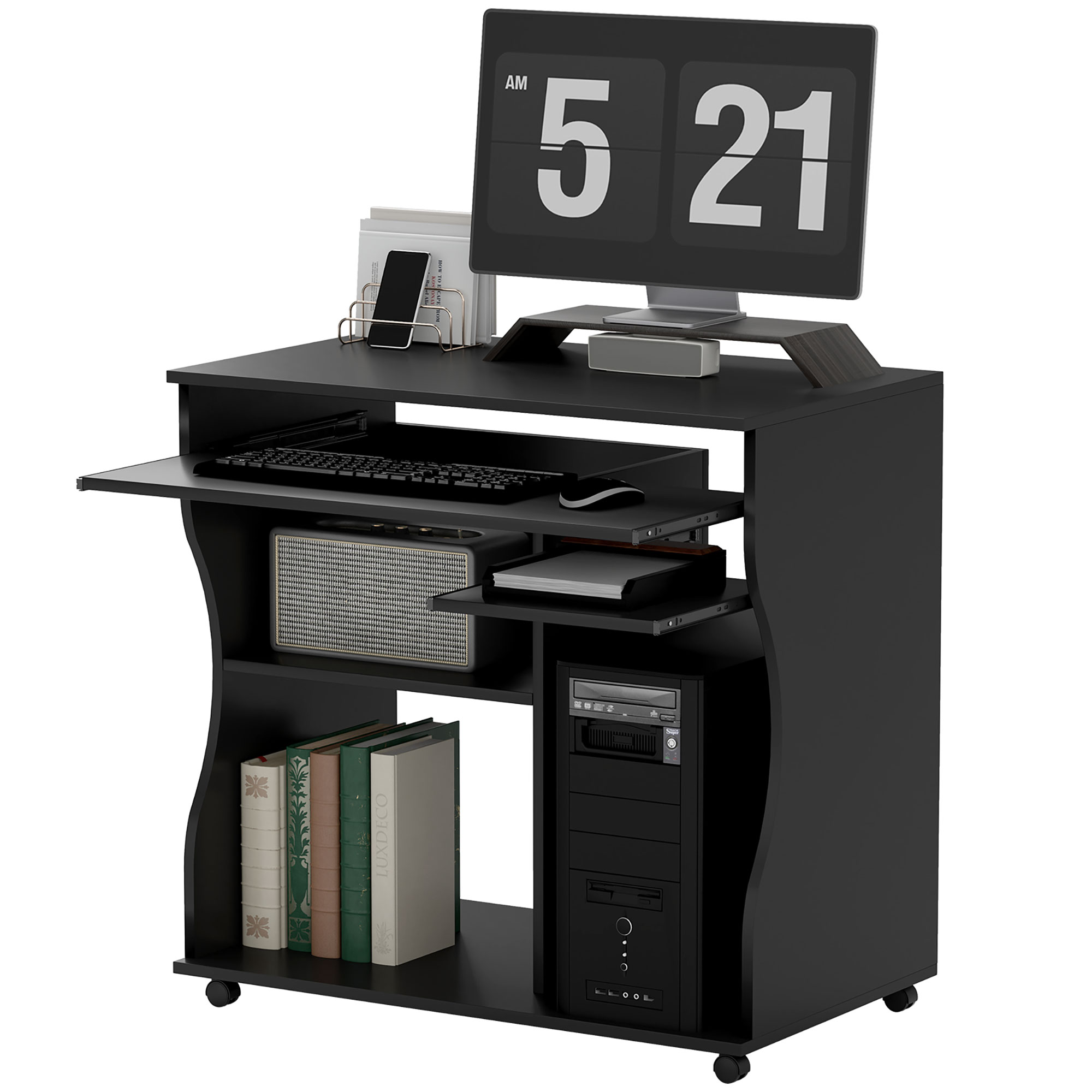 Computertisch mit Rollen, Schreibtisch mit Stauraum, 80 x 48 x 75 cm, Schwarz