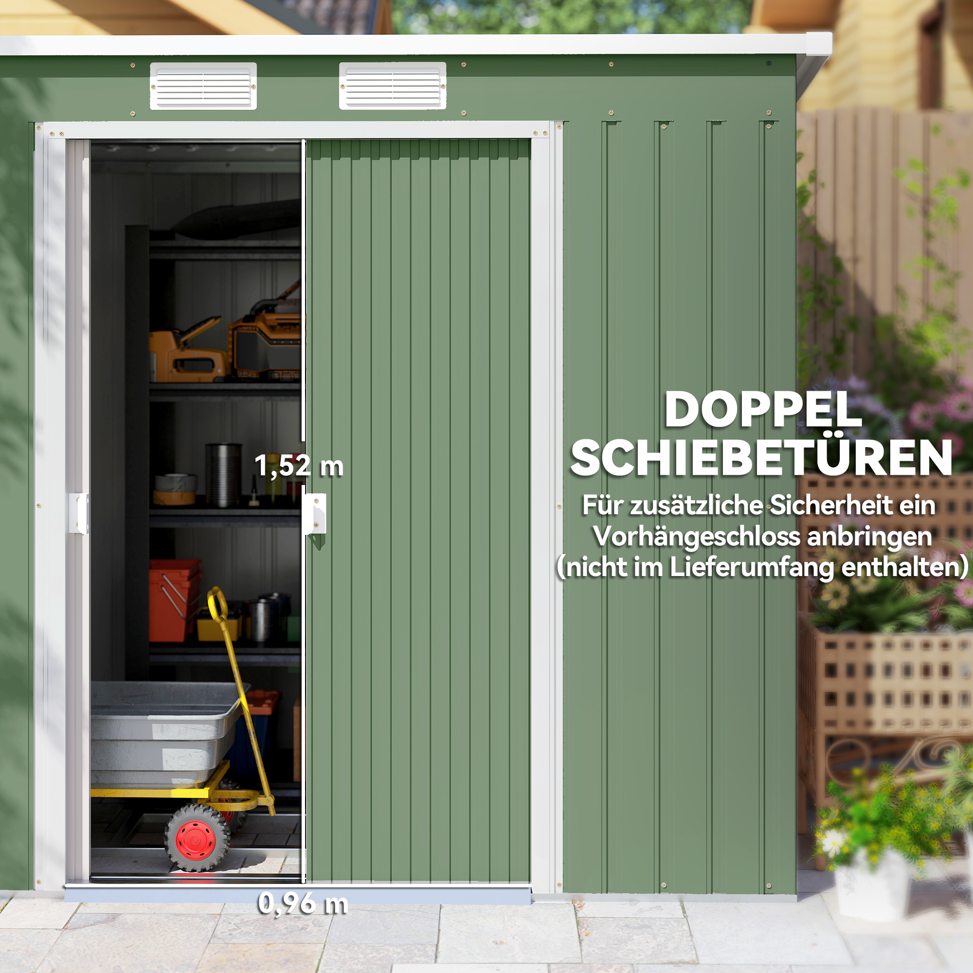 Geräteschuppen, mit Lüftungsfenstern, Schiebetüren, verzinkter Stahl, 213 x 130 x 159 cm, Grün
