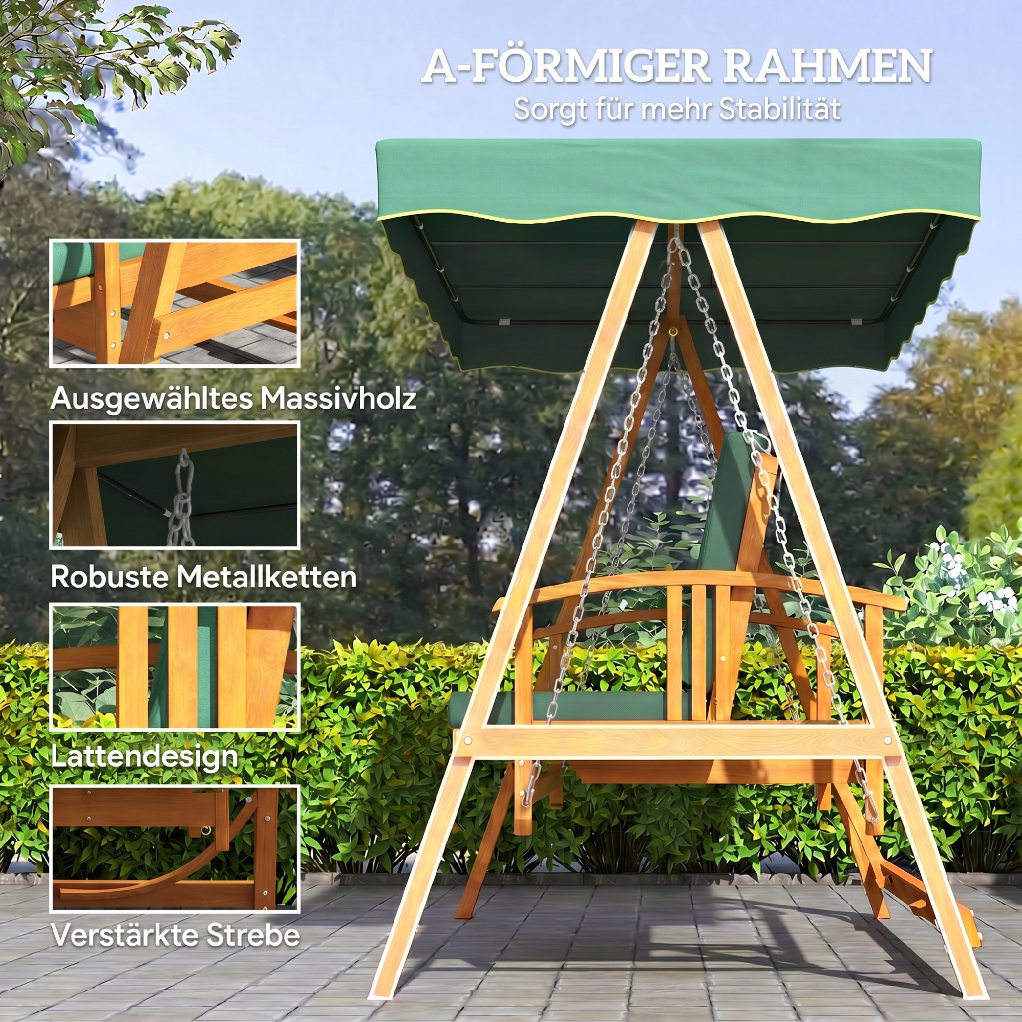 Hollywoodschaukel mit Liegefunktion, Gartenschaukel aus Holz, 3-Sitzer, für Garten, Terrasse, Dunkelgrün