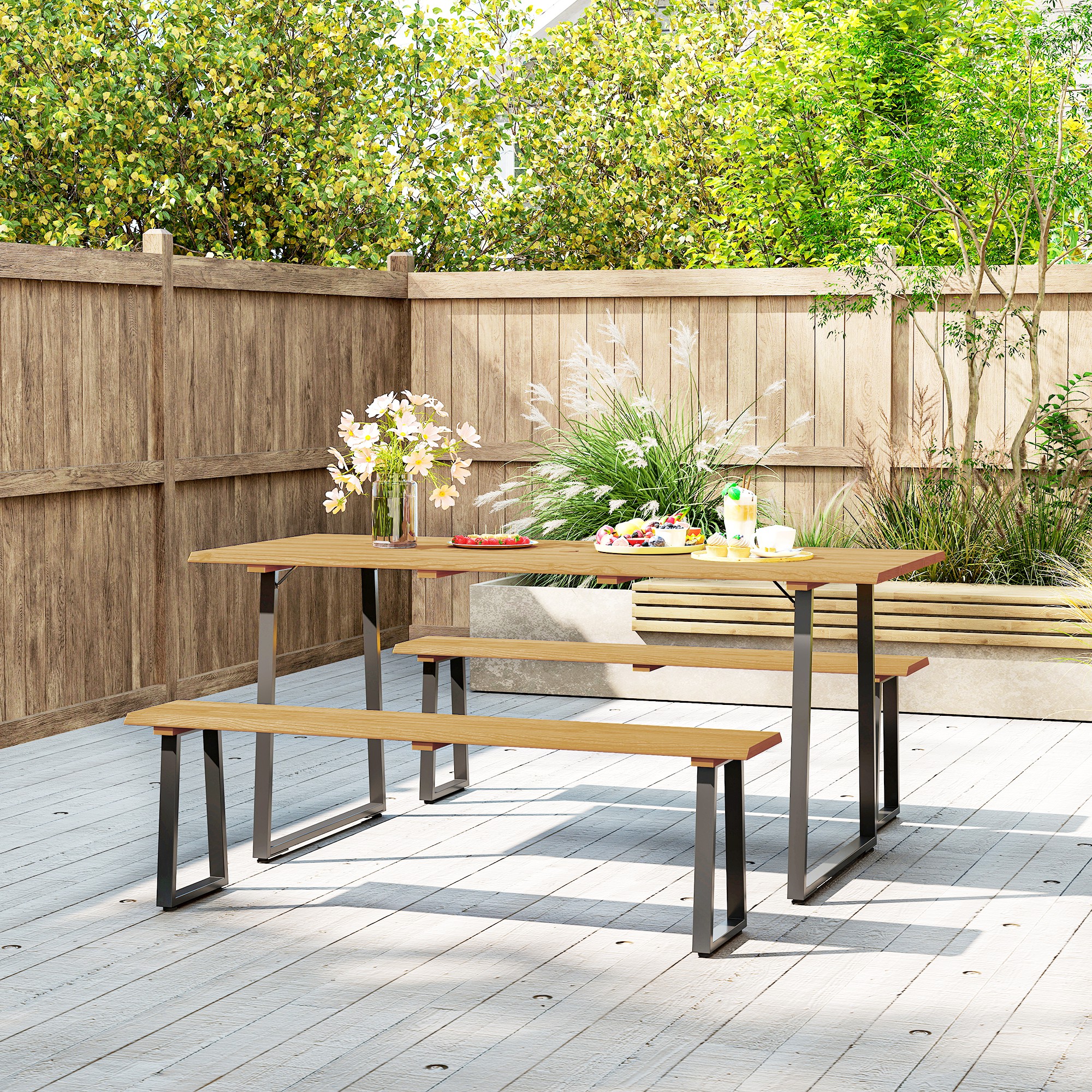 Sitzgruppe 3-teilig Holz Essgruppe für 6 Personen Esstisch mit 2 Bänke Schirmloch Holztisch 178 x 76 x 77 cm Naturholz