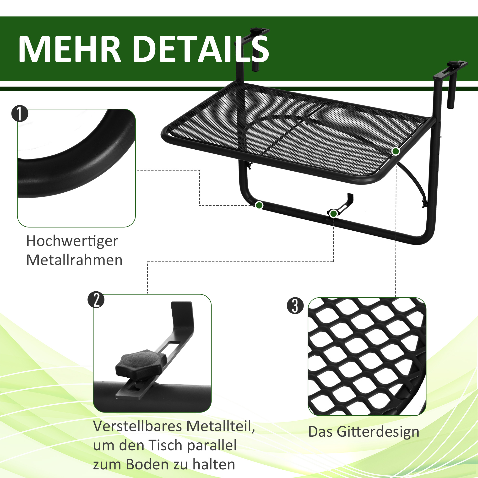 Balkonhängetisch Gartentisch höhenverstellbar viereckig Terrasse Metall Schwarz L60 x B56,5 x H45 cm