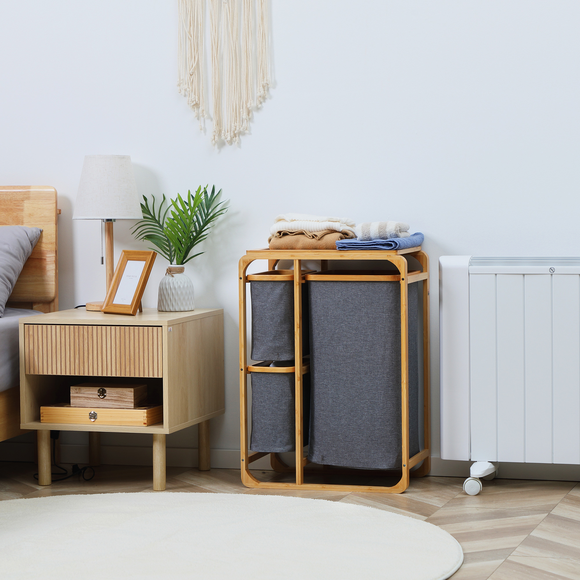 Wäschekorb aus Bambus , 3 abnehmbare Körbe 50 cm x 32 cm x 69,7 cm Natur Grau