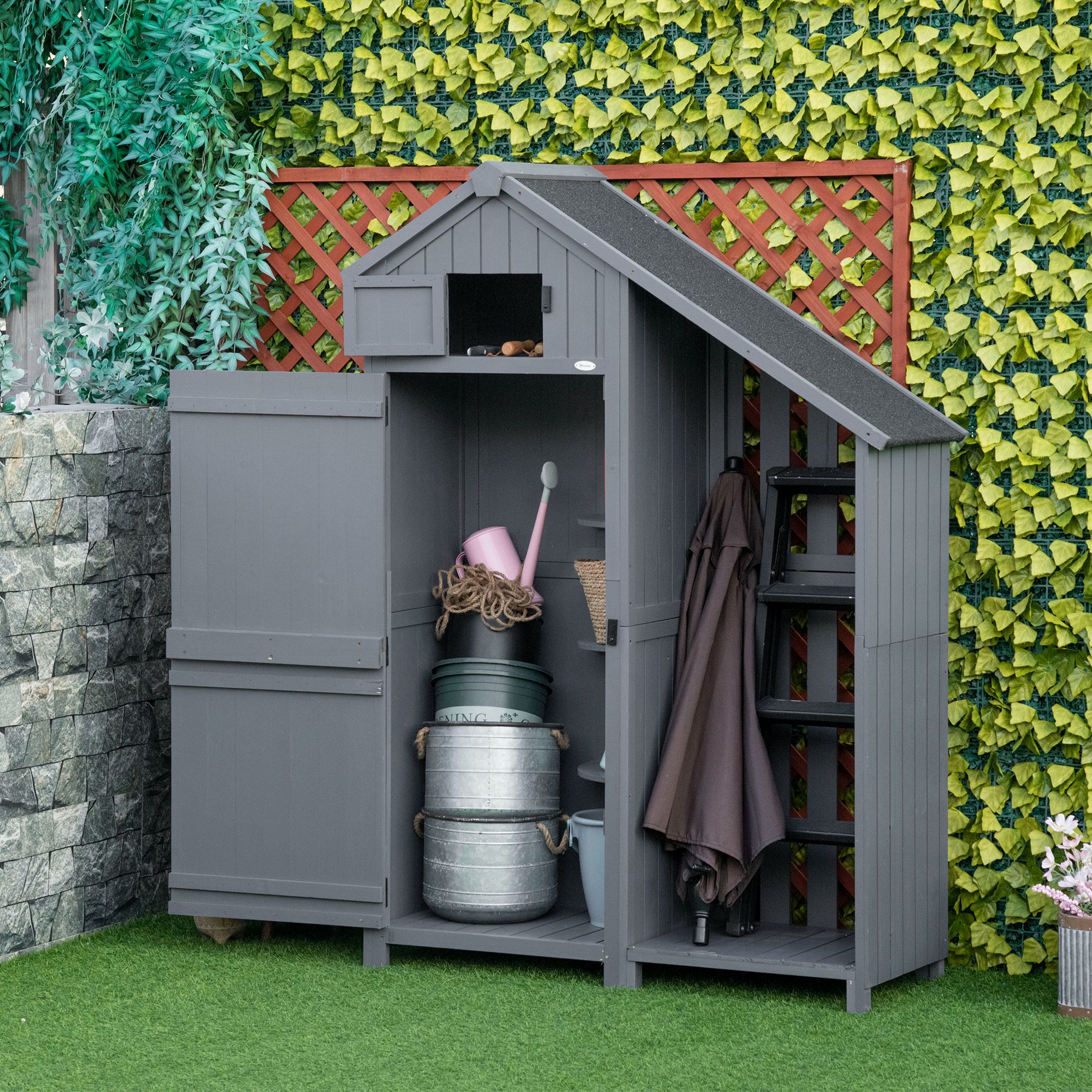 Gartenschrank, offenes Brennholzfach, verriegelbare Tür, wetterfest, Naturholz, 129 x 51,5 x 180cm, grau+schwarz