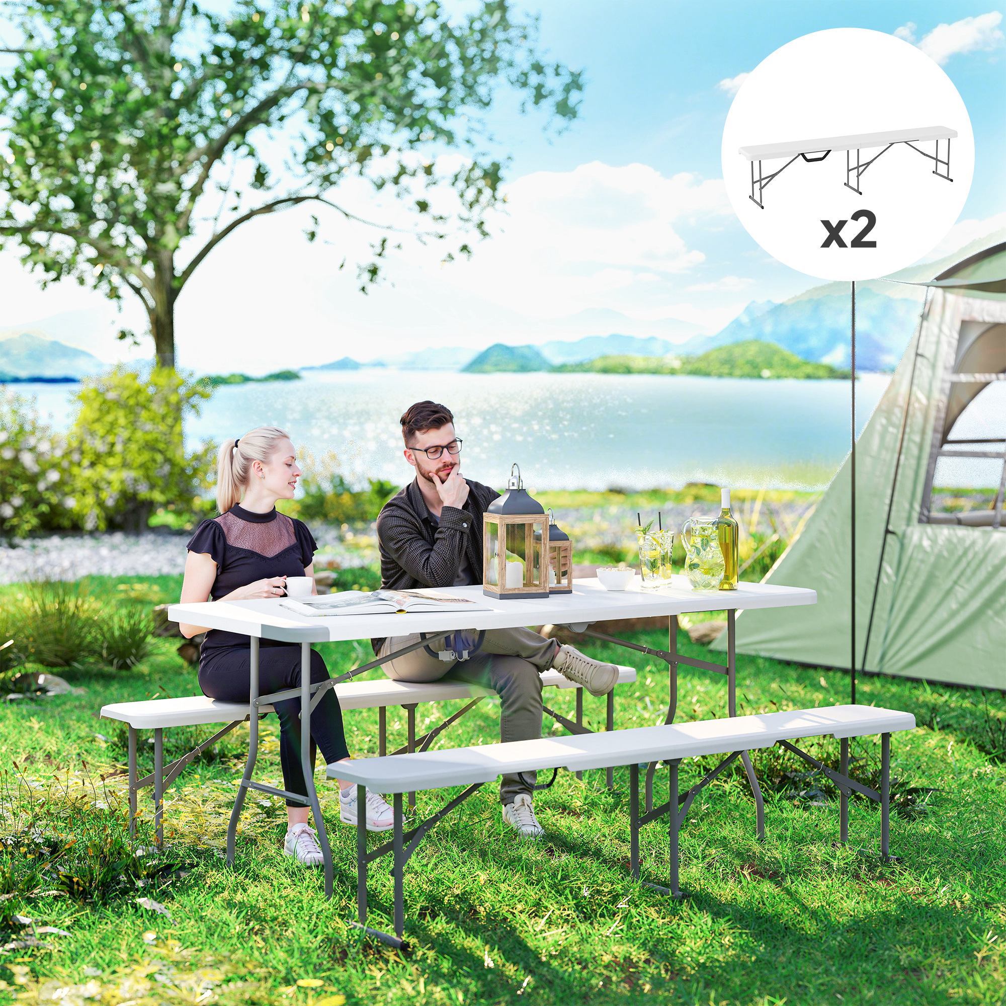 Campingbank, Kunststoff-Outdoor-Bank, 240 kg Belastbarkeit, Weiß