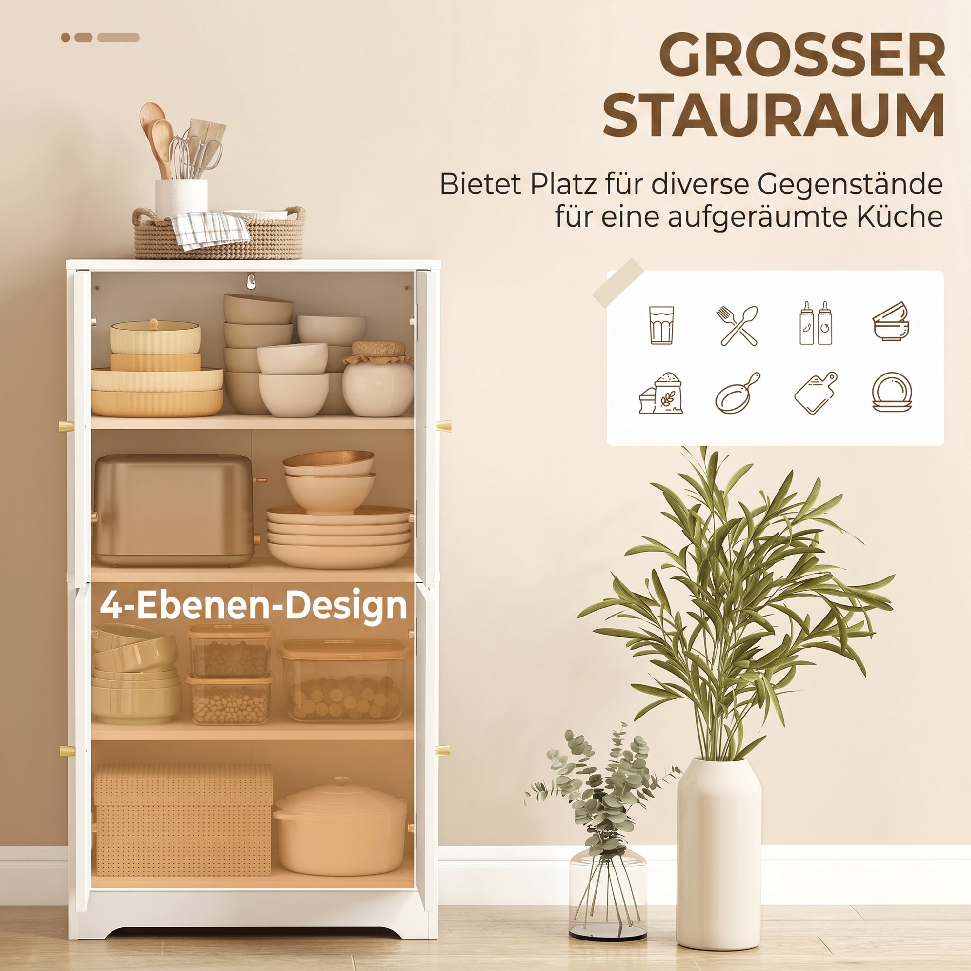 Küchenschrank, Hochschrank mit 2 verstellbaren Regalböden, Küchenbuffet mit 4 gewölbten Türen 60 x 30 x 110 cm, Weiß