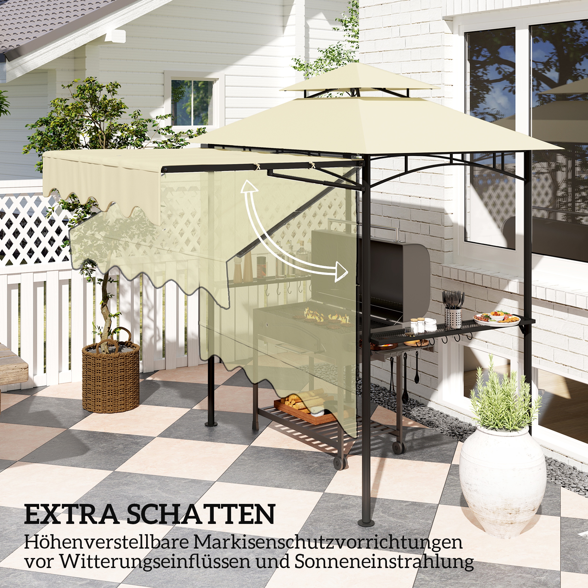 Grillpavillon 242x232x248 cm wasserabweisend flammhemmend Gartenpavillon mit Doppelschichtdach Beige