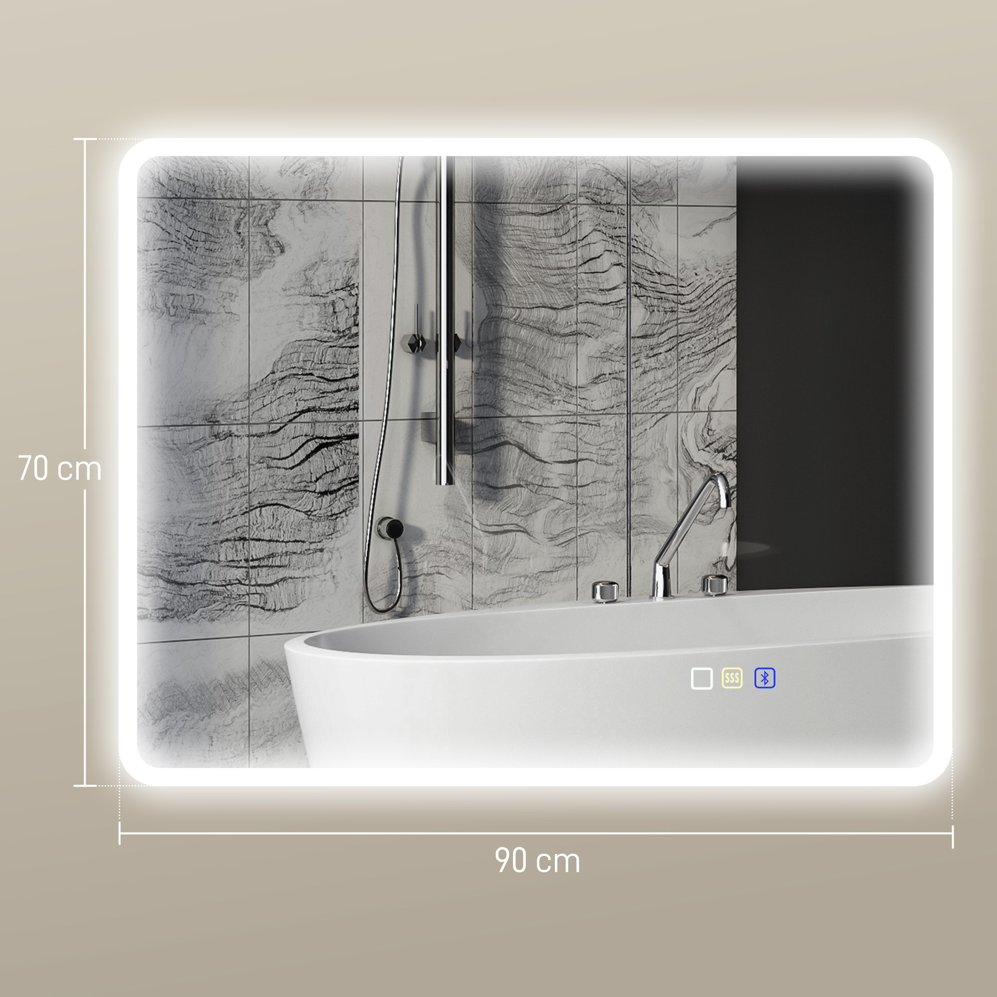 Badezimmerspiegel LED Bluetooth 70 x 90 cm Touchschalter Licht einstellbar 3 Farben Anti-Beschlag Speicher Silber