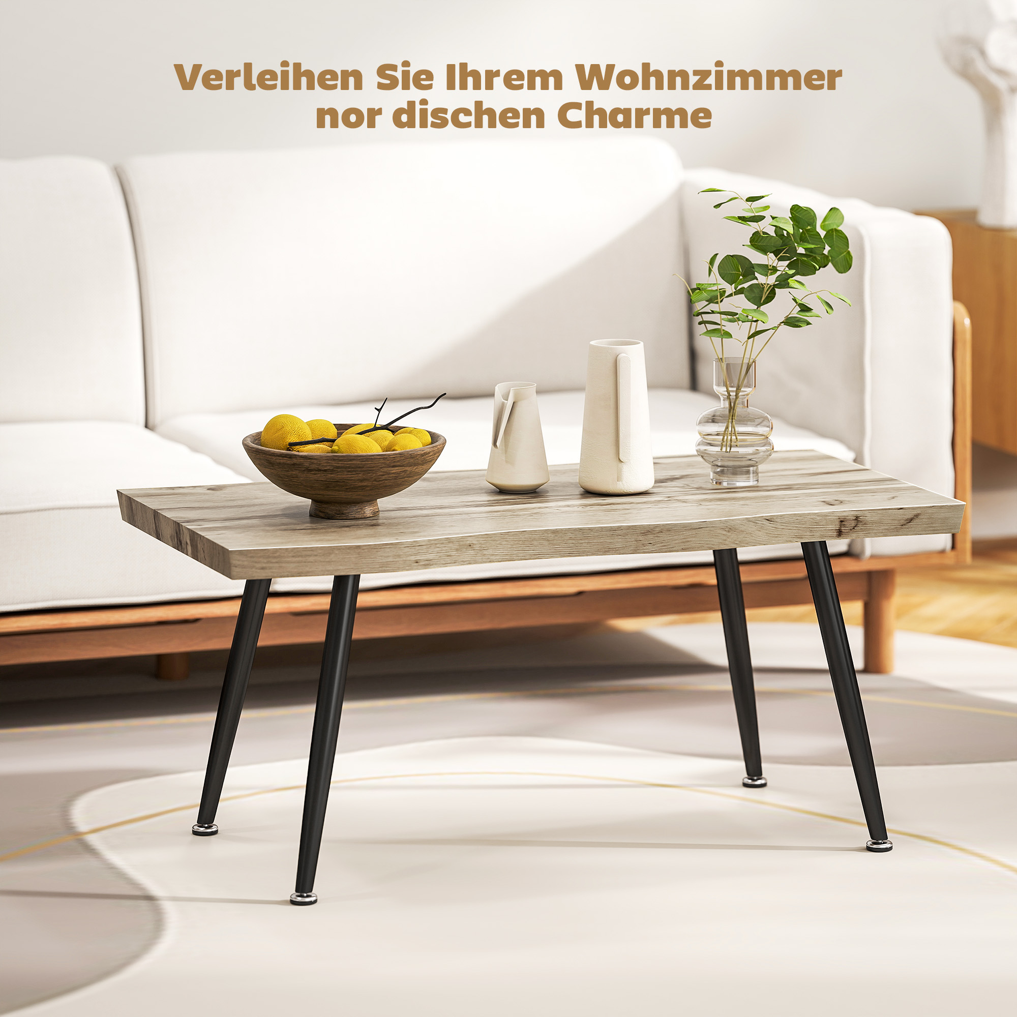 Couchtisch Beistelltisch mit Stahlbeine, 4 cm dicker Tischplatte Wohnzimmertisch 100 x 50 x 45 cm Eiche+Schwarz